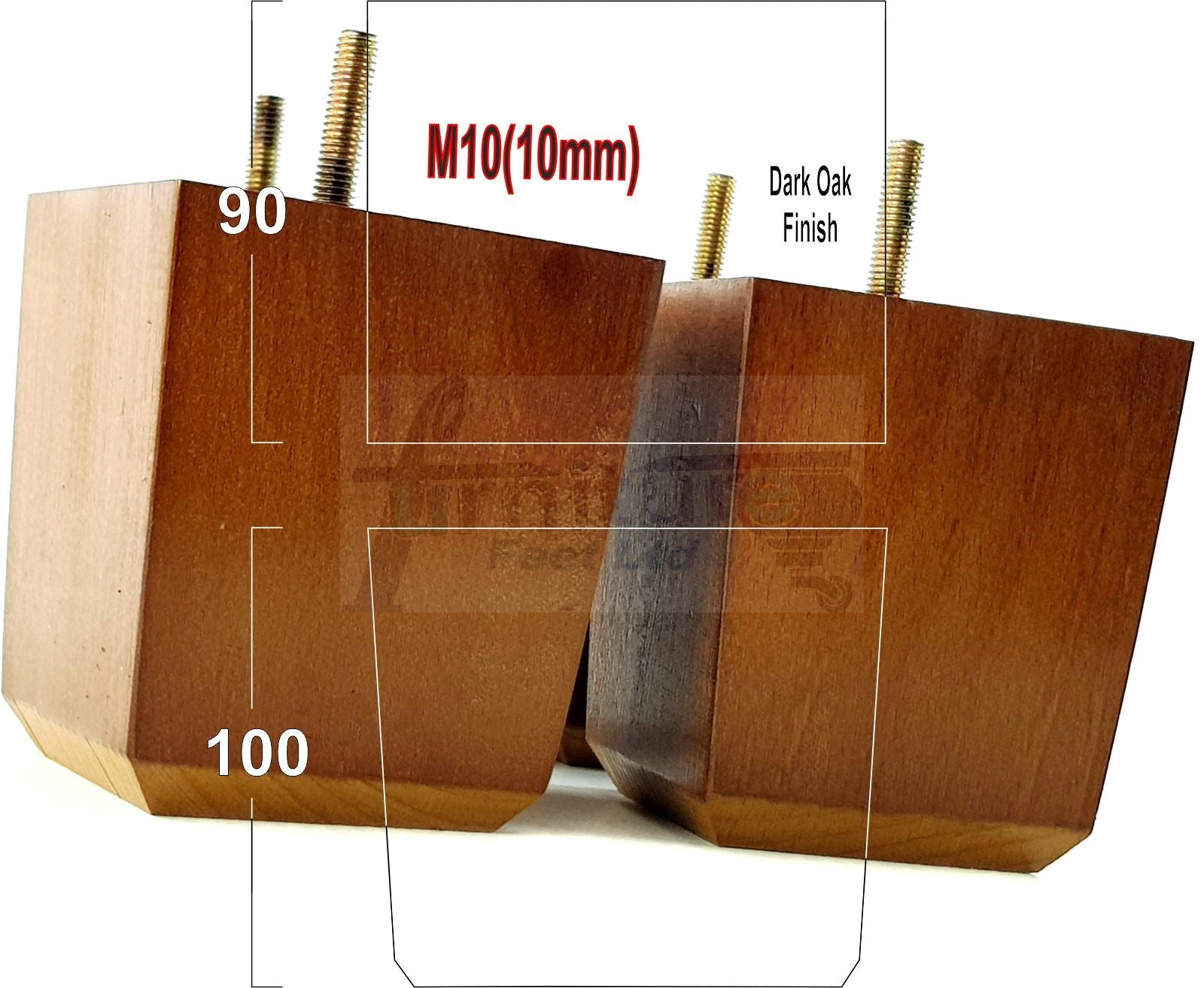 4x Solid Wood Square Furniture Legs Block Replacement Feet 100mm M10 Thread