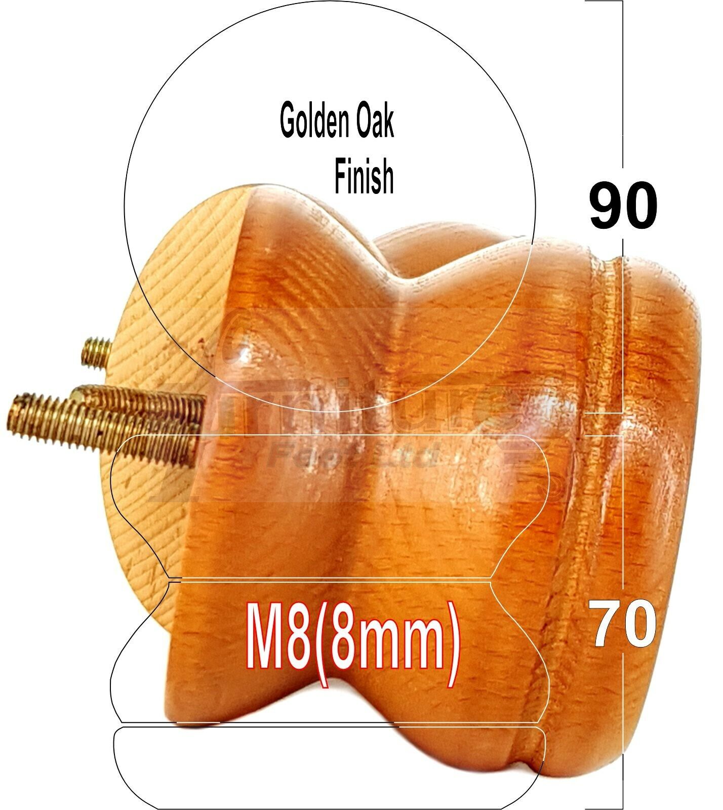 4x Turned Solid Wood Furniture Legs Replacement Bun Feet 70mm High 8mm Thread