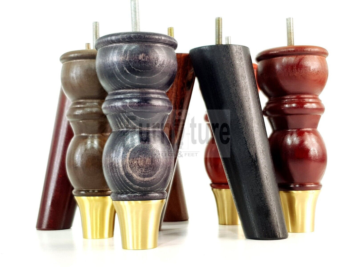 4x Wooden Furniture Feet 2x With Brass Slipper Cup 182mm High Legs M8 Sofas Chairs Settees Cabinets