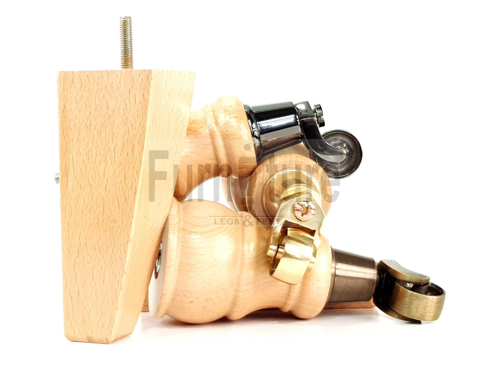 2 Wooden Castor Furniture Sofa Legs & 2 Curved Back Feet  Natural M8 Chair Settee Feet 160mm High