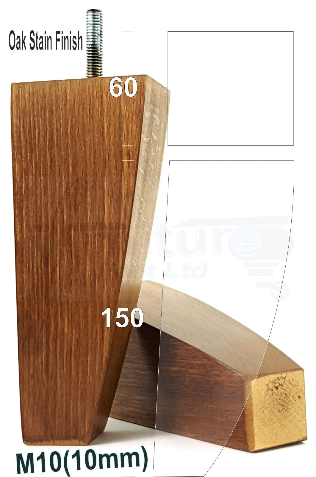 4x Tapered Square Furniture Legs Sofa Feet M10 Thread for Chairs, Settees 150mm High