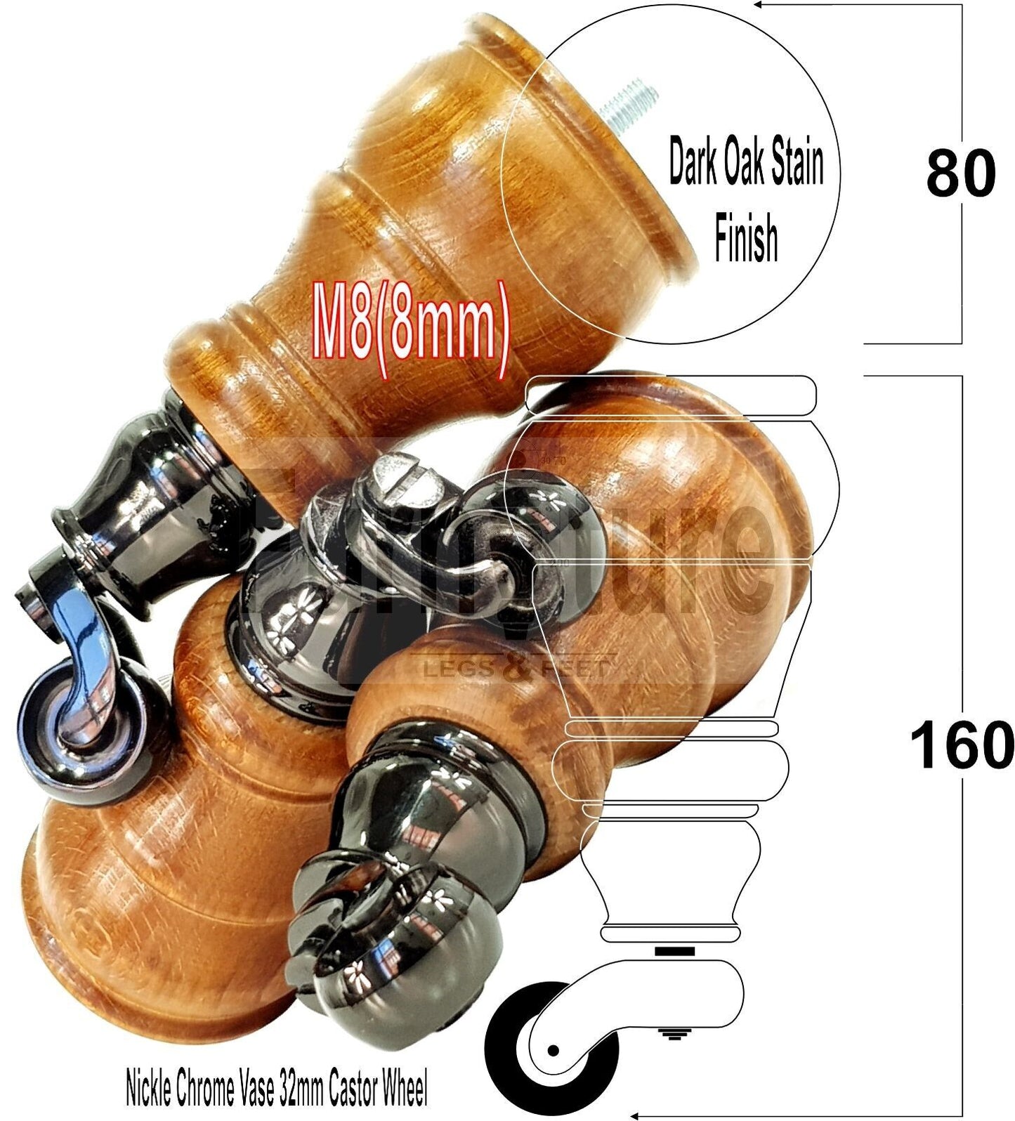 4 Turned Wood Feet Dark Oak Stain Castor Legs Chair Furniture Stools Sofa Chairs M8 160mm 6 Inch High