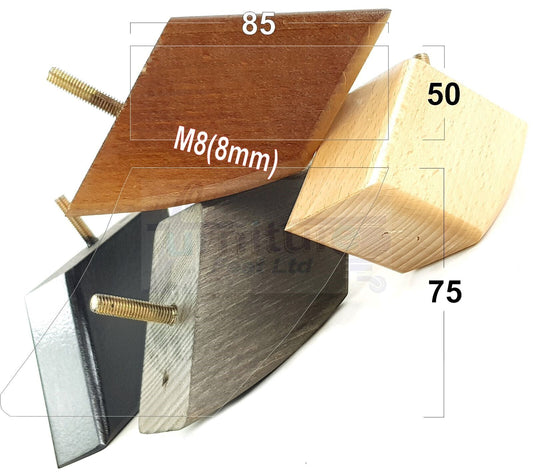 SET OF 4 WOODEN FURNITURE FEET 75mm HIGH REPLACEMENT SOFA LEGS 8mm Thread