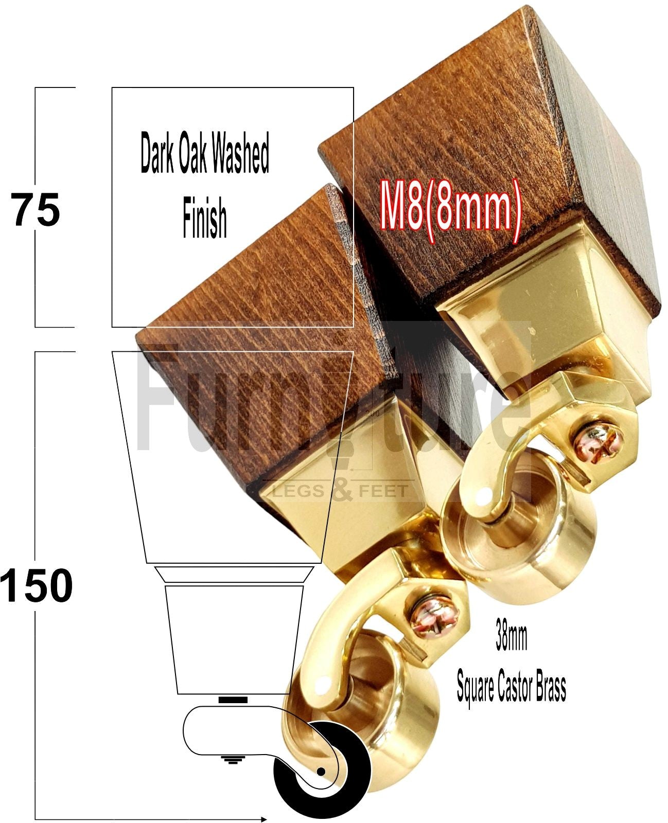 4x Block Wood Furniture Legs With Castor 8mm Thread For Chairs Settees Sofa 150mm High