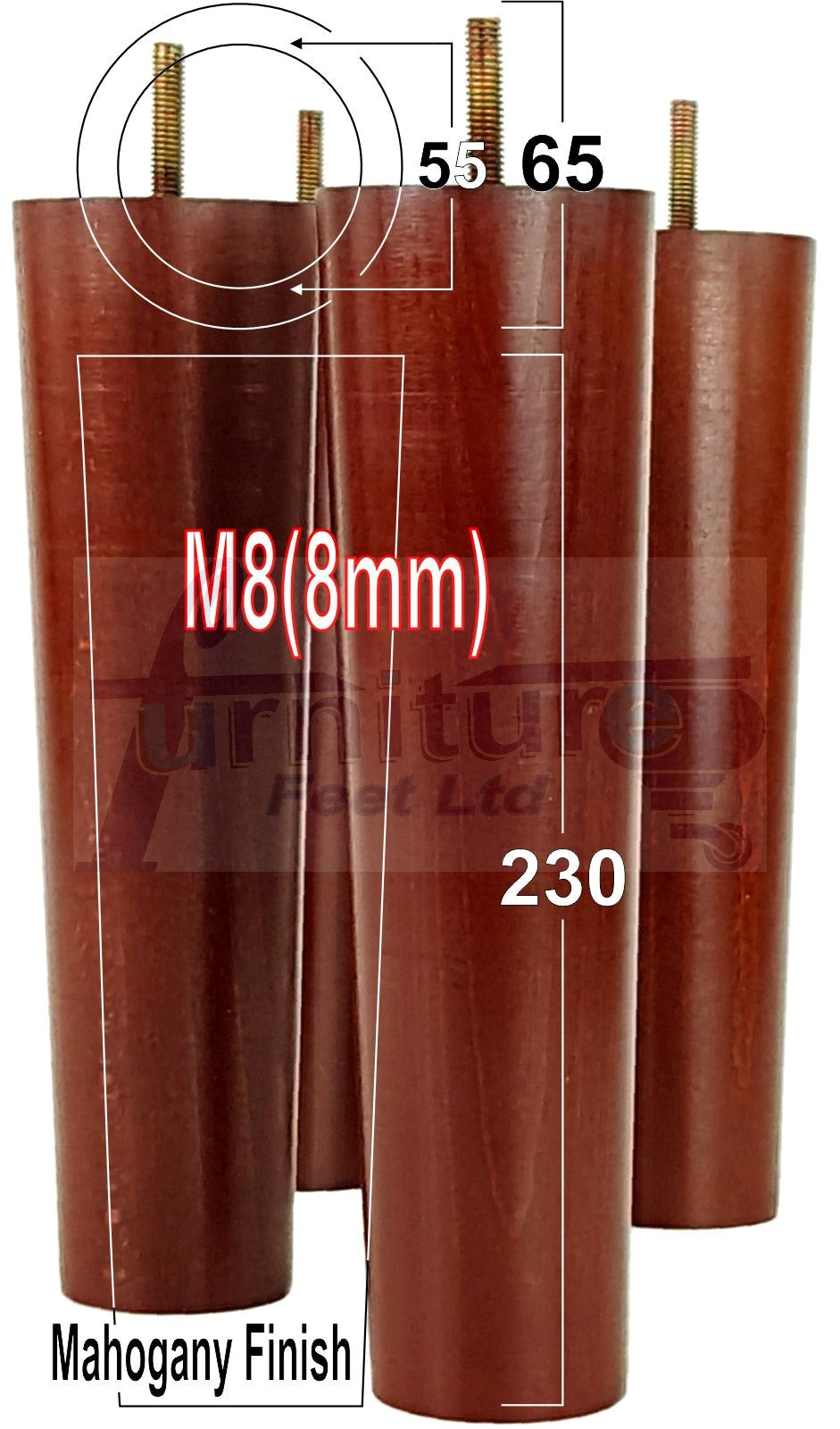 4 Furniture Legs Replacement Feet 230mm Chairs Settee & Cabinets M8 Thread Mahogany