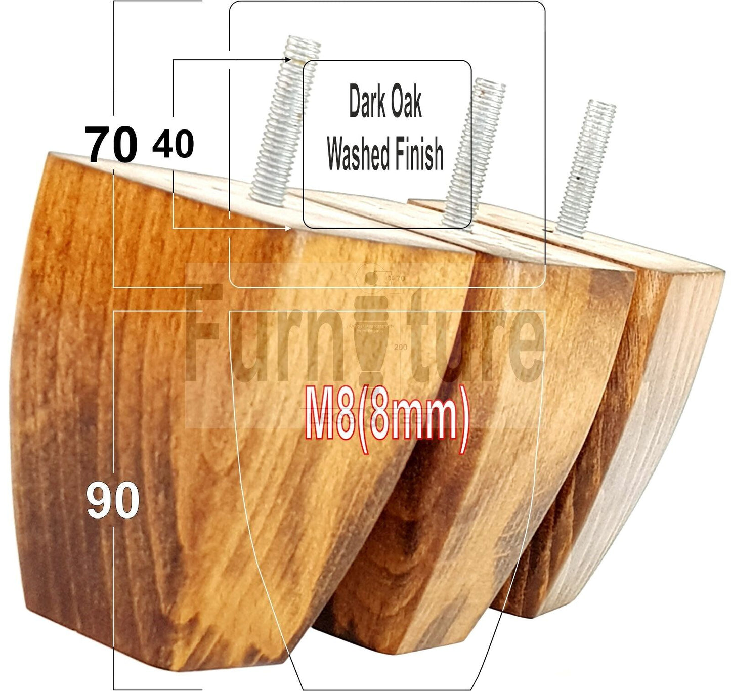 Set Of 4 Solid Wooden Block Furniture Feet Replacement Legs 90mm High M8(8mm)