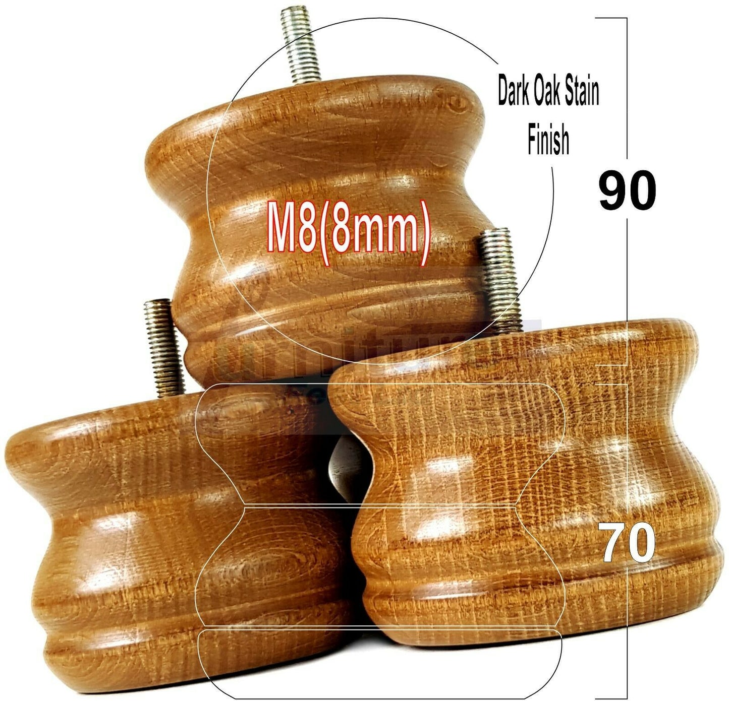 4x Turned Solid Wood Furniture Legs Replacement Bun Feet 70mm High 8mm Thread