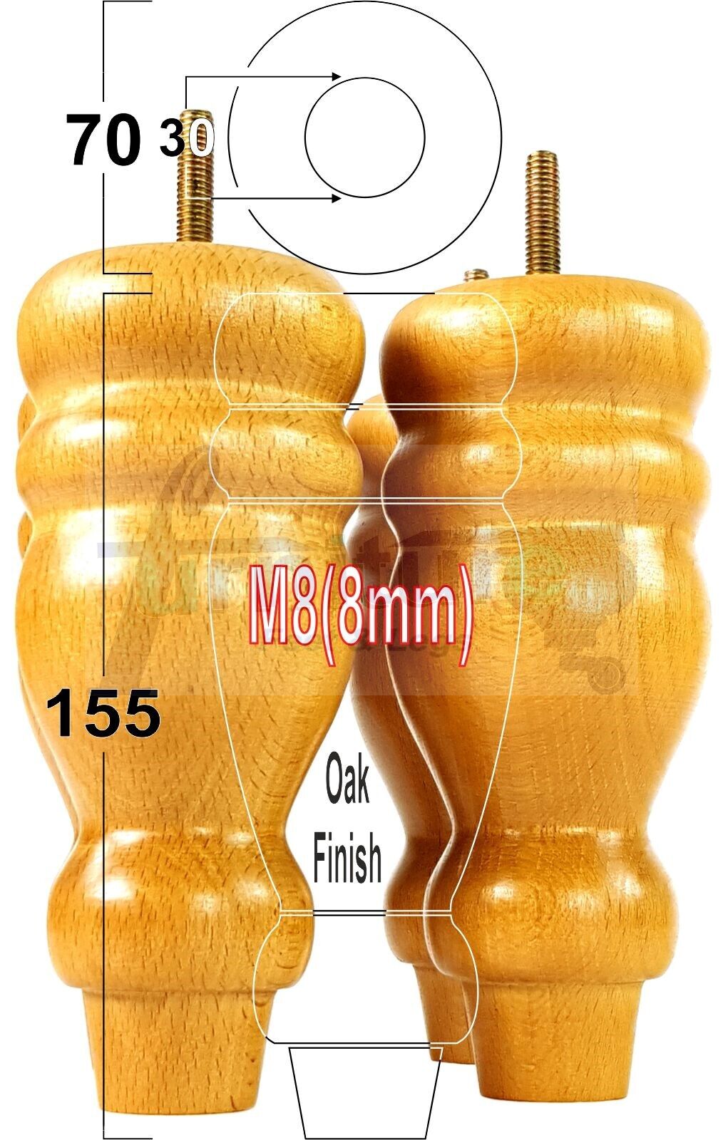 Set Of 4 Turned Wood Furniture Replacement Feet 155mm High 8mm Tread