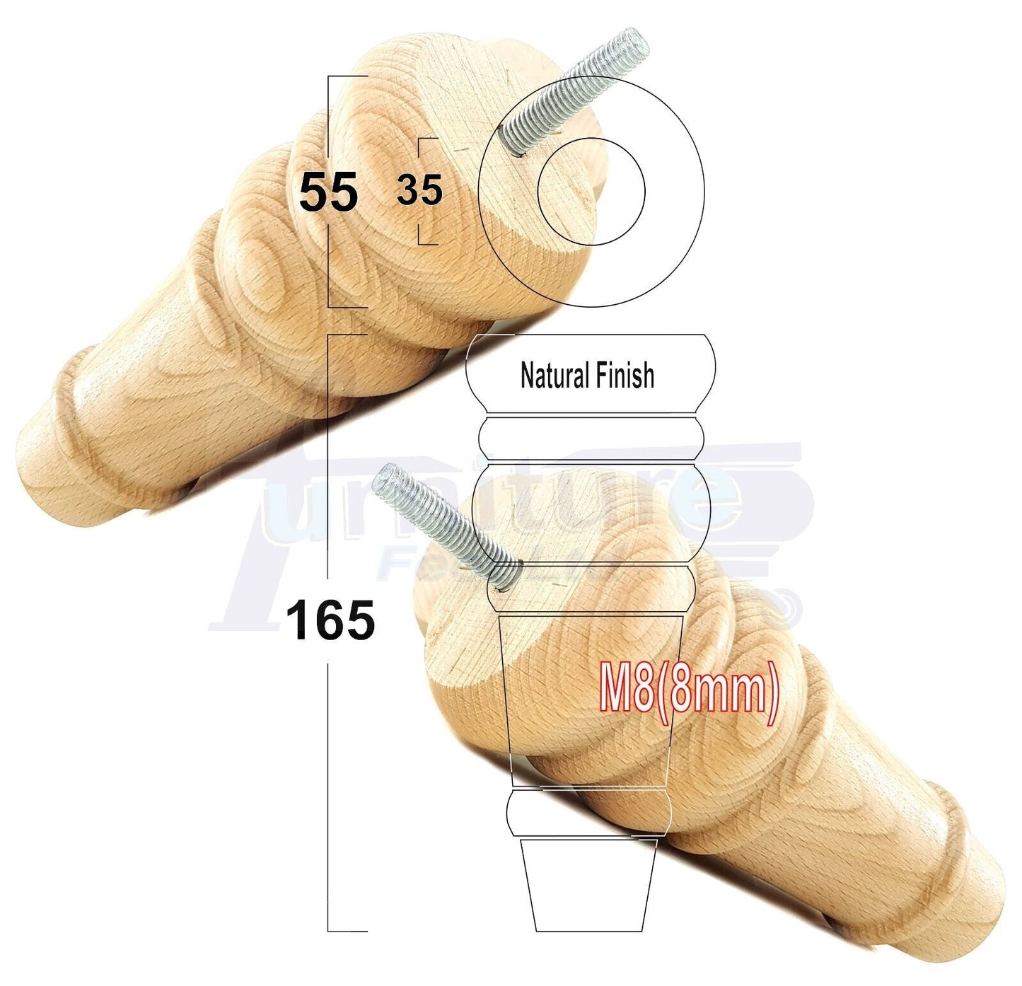 4 Wood Turned Furniture Legs Replacement Bun Feet 165mm High Multiple Colours 6.5 Inches Chairs Stools Sofa's Beds Settee Cabinets M8