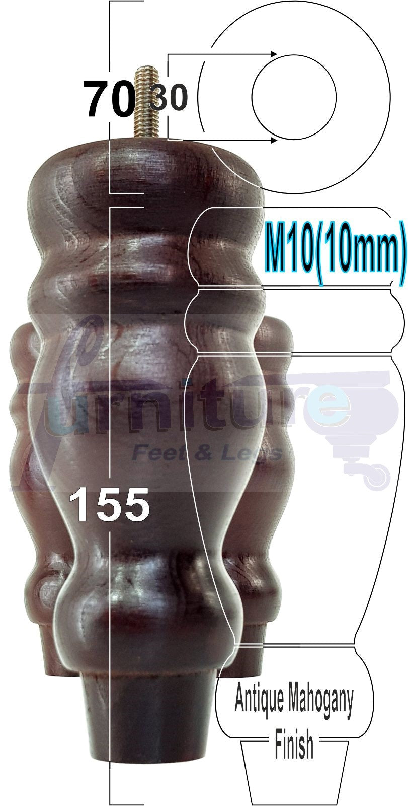 Set Of 4 Turned Wood Furniture Legs Replacement Sofa, Chair Feet 155mm High M10 Tread