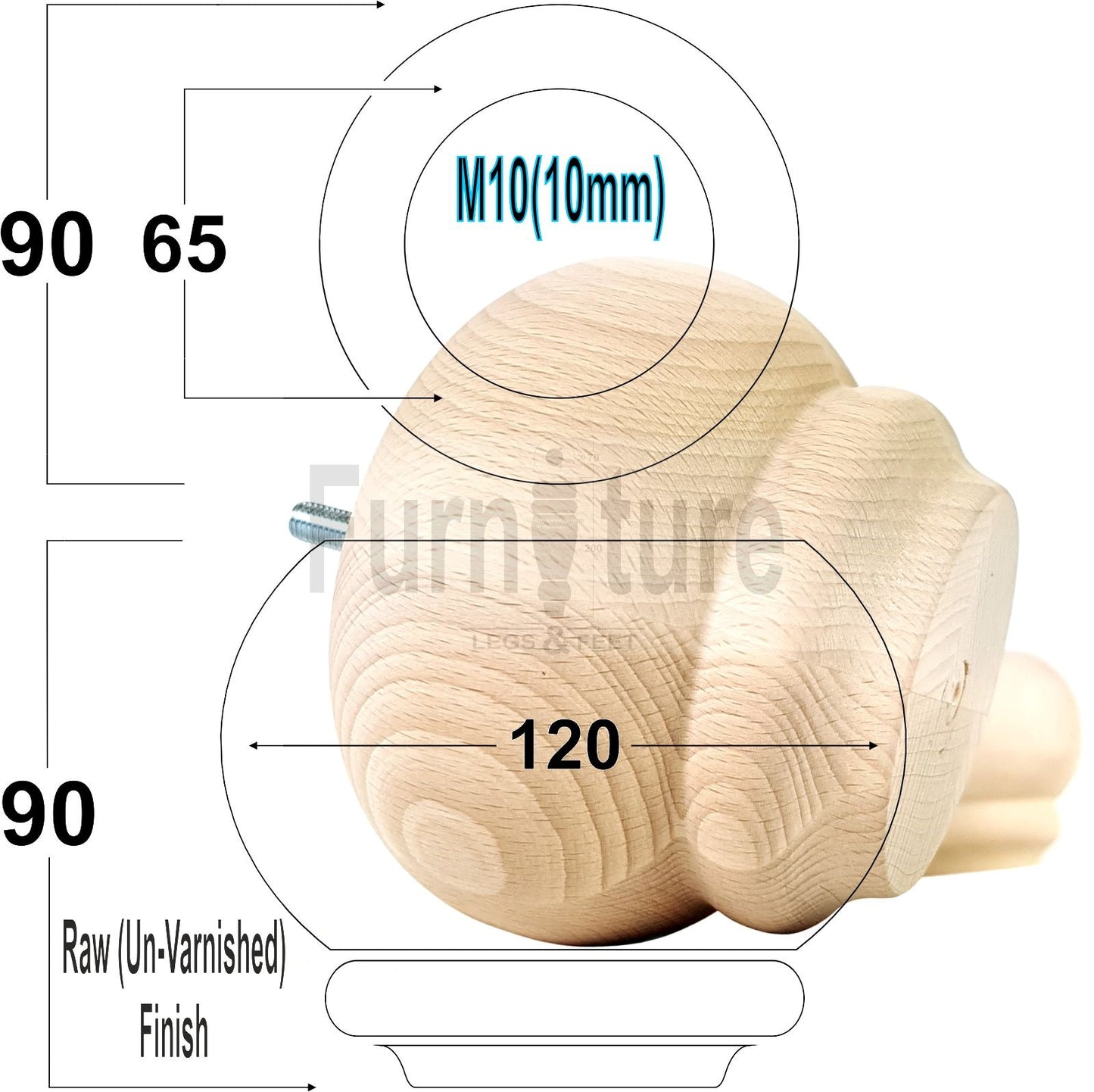  4 Turned Wooden Furniture Legs Replacement Feet 50mm High 10mm Thread For Settees, Chairs