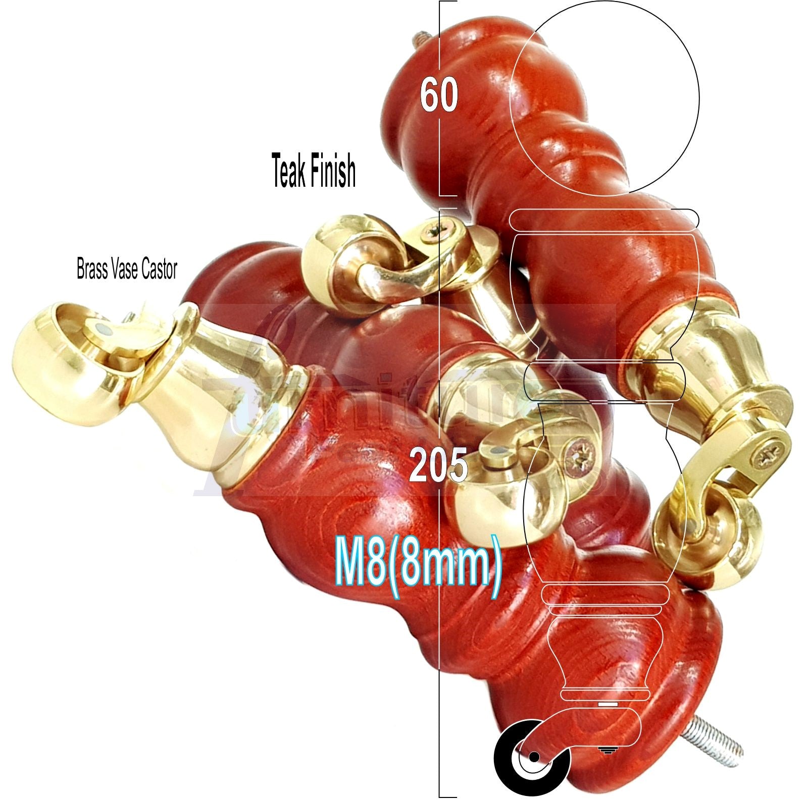 Solid Wood Furniture Feet With Castors Set of 4 Legs 205mm High For Sofas Chairs Stools Cabinets & Beds M8