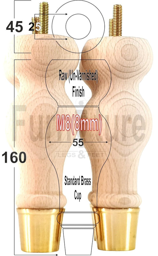 4x Turned M8 Wood Furniture Chair Sofa, Settee Legs Feet Brass Slipper Cup 160mm