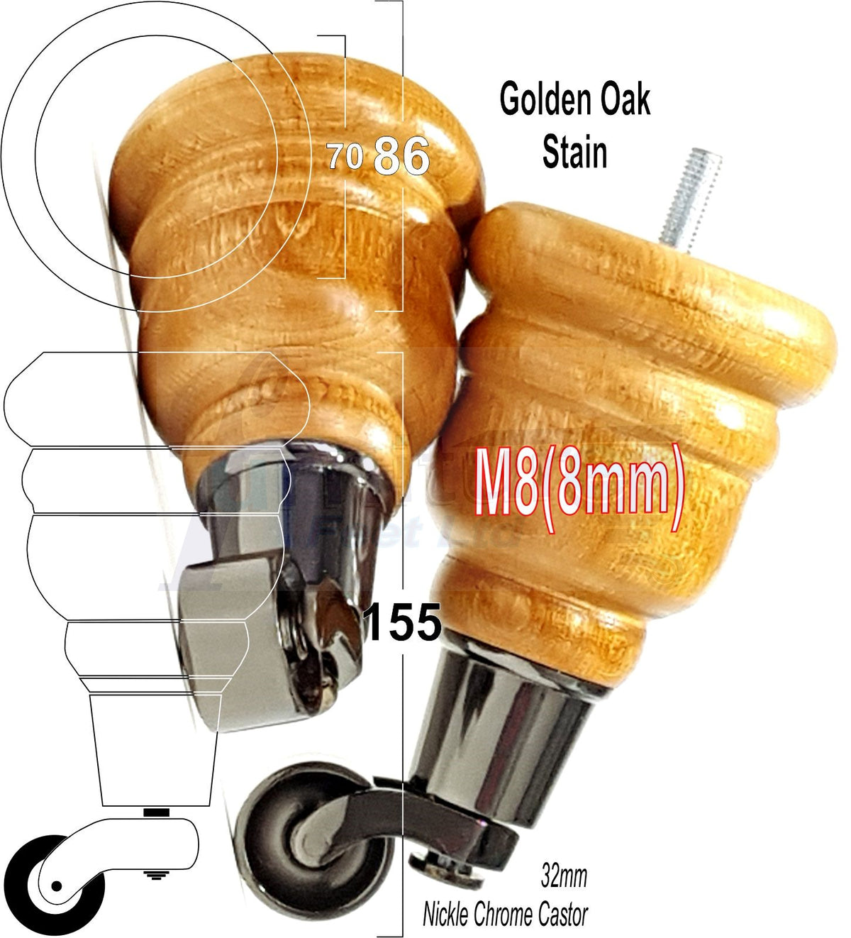 4 Turned Wooden Replacement Furniture Legs with Castors 6 Inch 155mm High Sofa Feet M8 Dowl Fixing - Black Castor