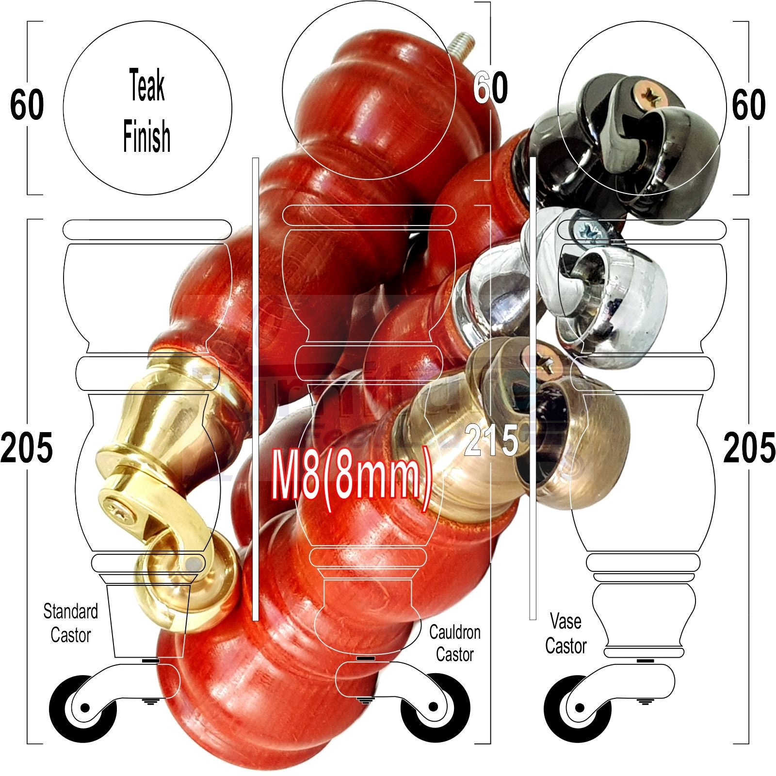 Solid Wood Furniture Feet With Castors Set of 4 Legs 205mm High For Sofas Chairs Stools Cabinets & Beds M8