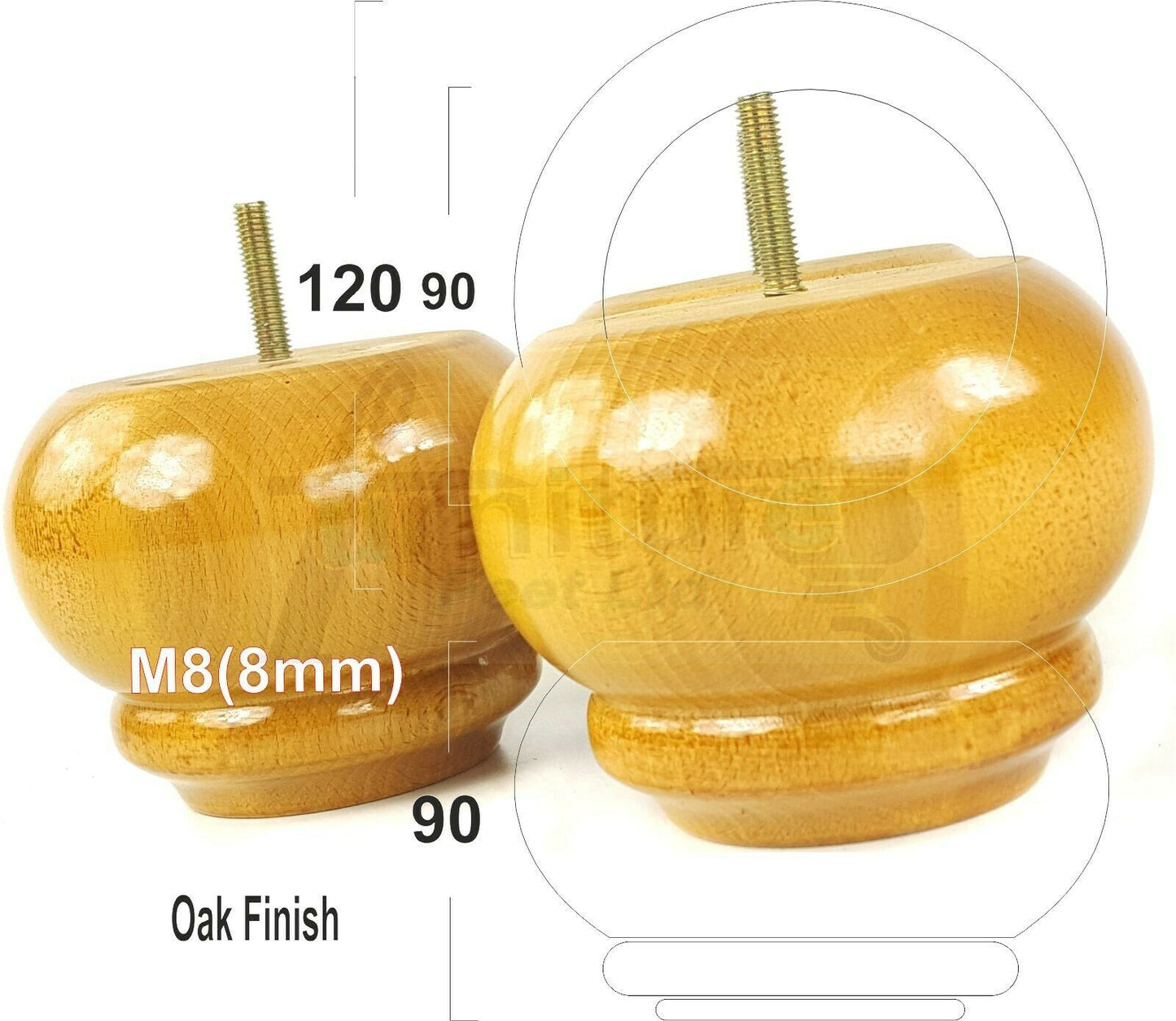 Set Of 4 Turned Wooden Furniture Legs Replacement Feet 90mm High 8mm Thread