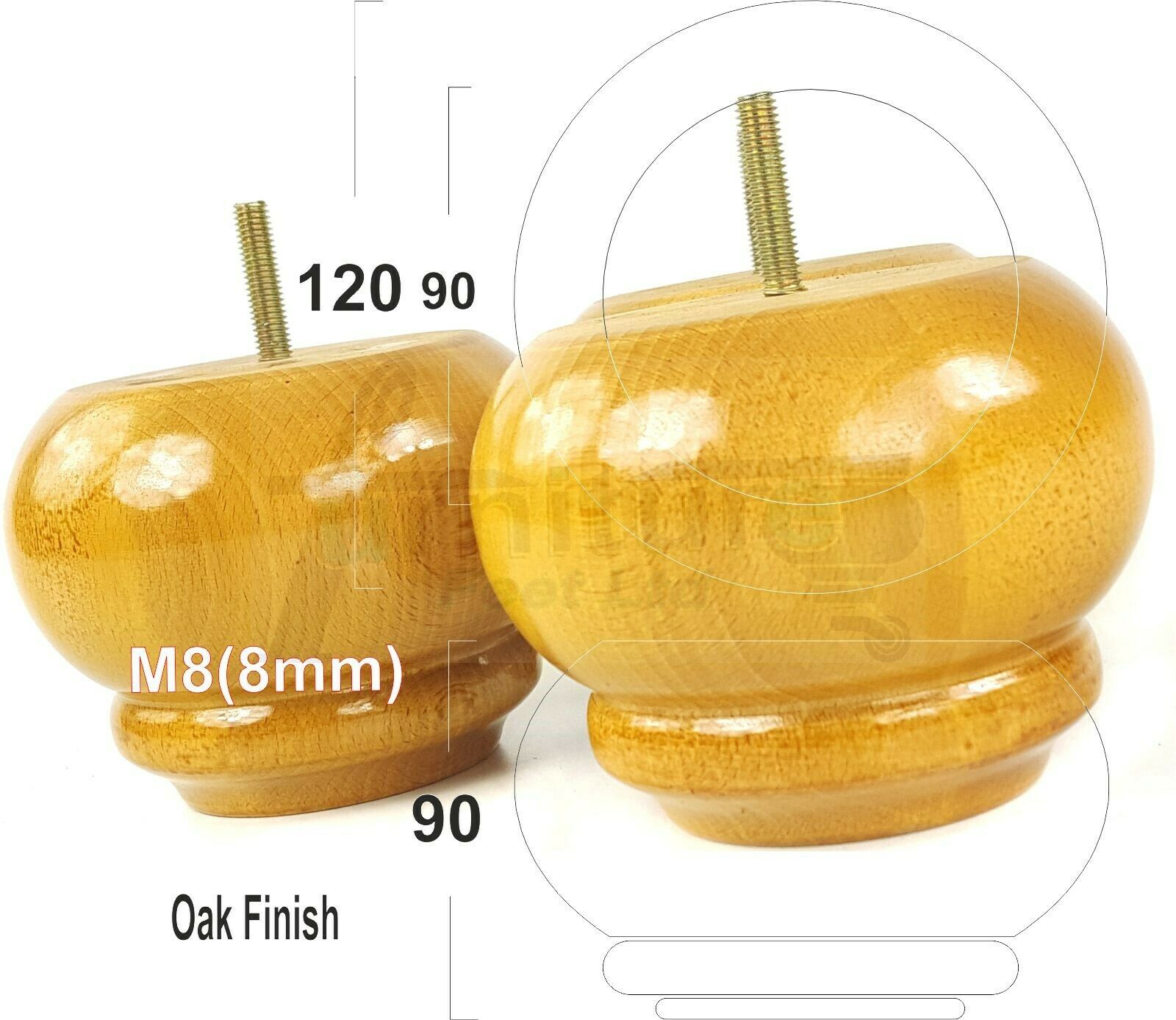 Set Of 4 Turned Wooden Furniture Legs Replacement Feet 90mm High 8mm Thread