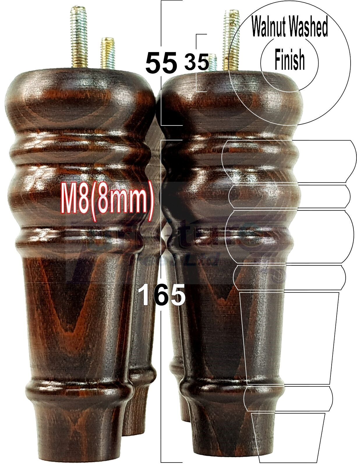 4 Wood Turned Furniture Legs Replacement Bun Feet 165mm High Multiple Colours 6.5 Inches Chairs Stools Sofa's Beds Settee Cabinets M8