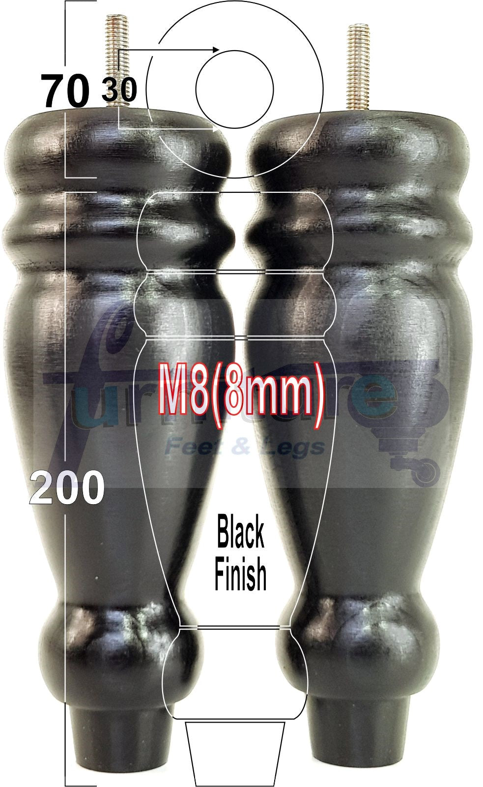 Set Of 4 Turned Furniture Legs Replacement Sofa Feet 200mm High M8 Thread