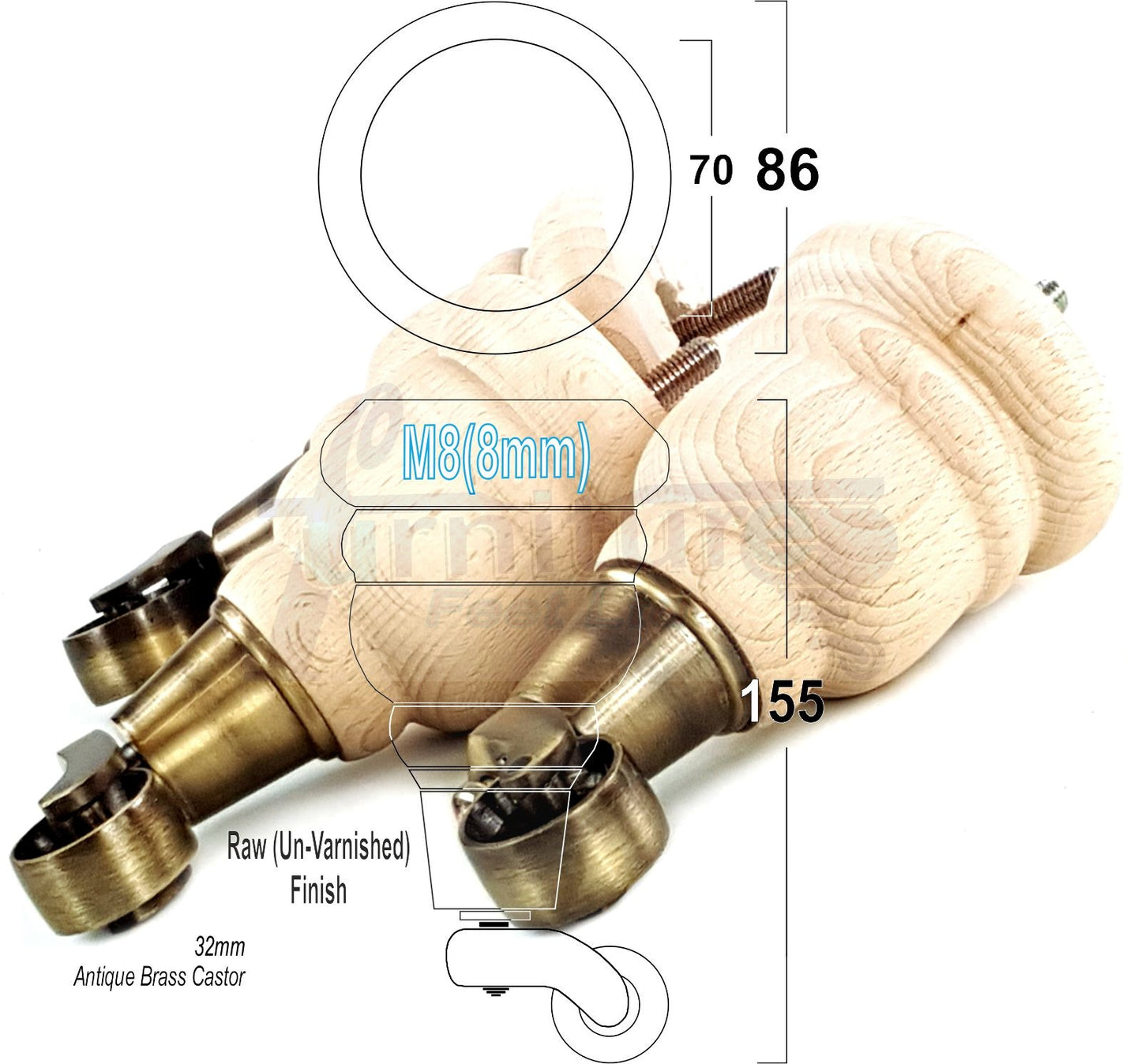 4 Turned Wood Furniture Feet With Antique Brass Castors 155mm Legs Sofas Chairs Stools Cabinets Beds M8 6 Inches