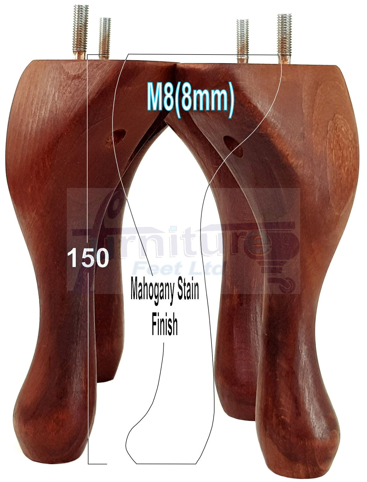 4 Solid Wood Furniture Feet 150mm High Queen Anne Replacement Legs M8 (8mm) 6 Inches Chair Stools Bed Sofa Georgian Style