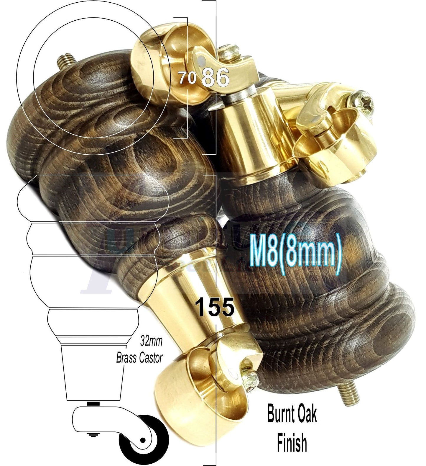 4 Turned Wood Furniture Feet With Brass Castors 155mm Legs Sofas Chairs Stools Cabinets Beds M8 6 Inches
