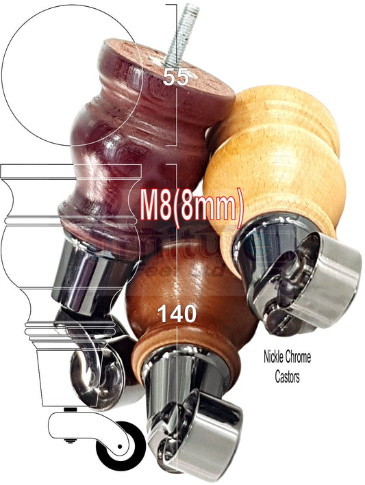 Set Of 4 Turned Wood Furniture Legs With Black Castor Wheels 140mm High M8(8mm)
