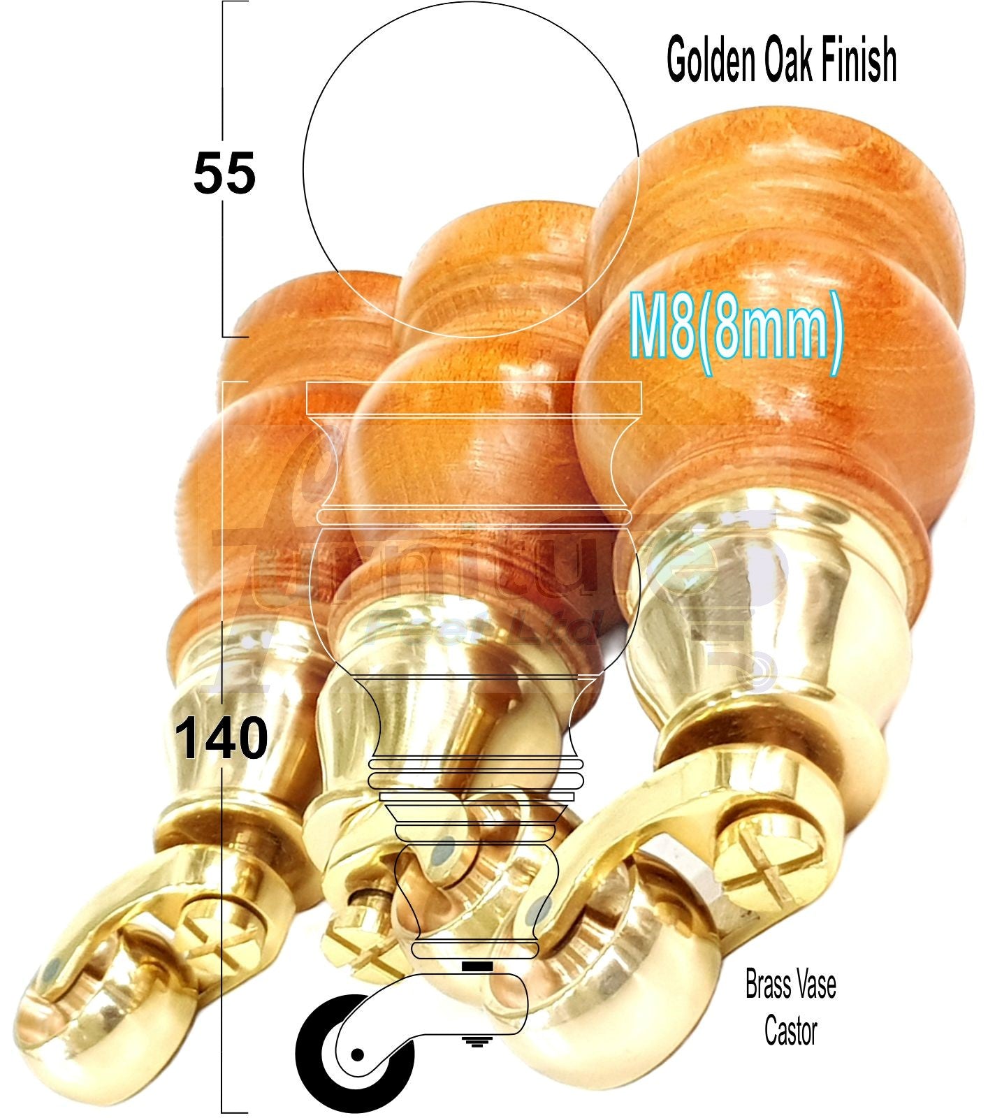 Set Of 4 Turned Wood Furniture Legs With 150mm High Castor 8mm Thread For Chairs Settees & Cabinets Golden Oak Finish