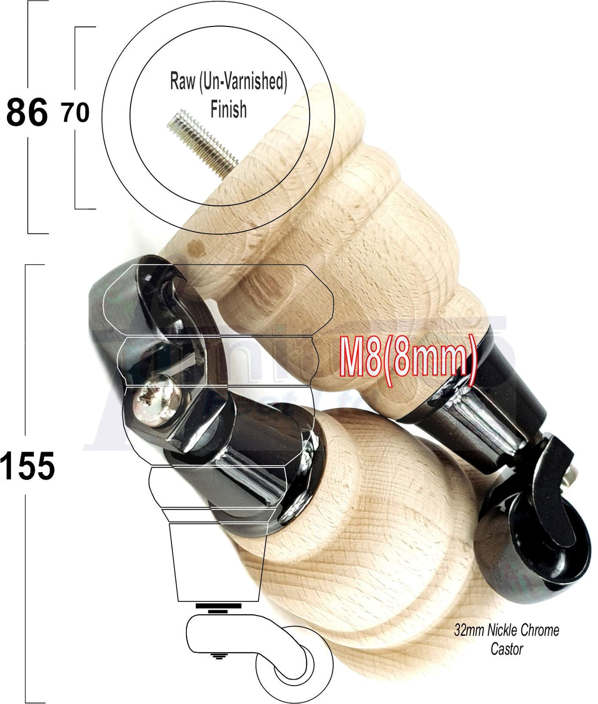 4 Turned Wooden Replacement Furniture Legs with Castors 6 Inch 155mm High Sofa Feet M8 Dowl Fixing - Black Castor