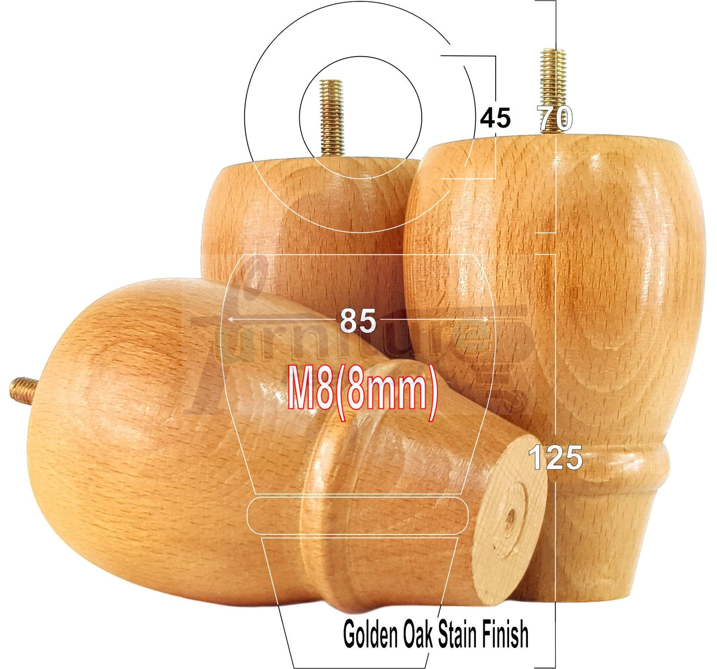 Set Of 4 Solid Wood Turned Replacement Furniture Legs 125mm High 8mm Thread