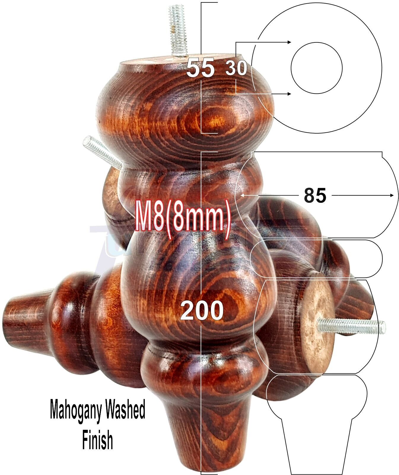 Solid Wood Furniture Feet Replacement Turned Legs 200mm High Chairs Stools Sofa's Beds Settee Cabinets M8 Various Colours Set of 4