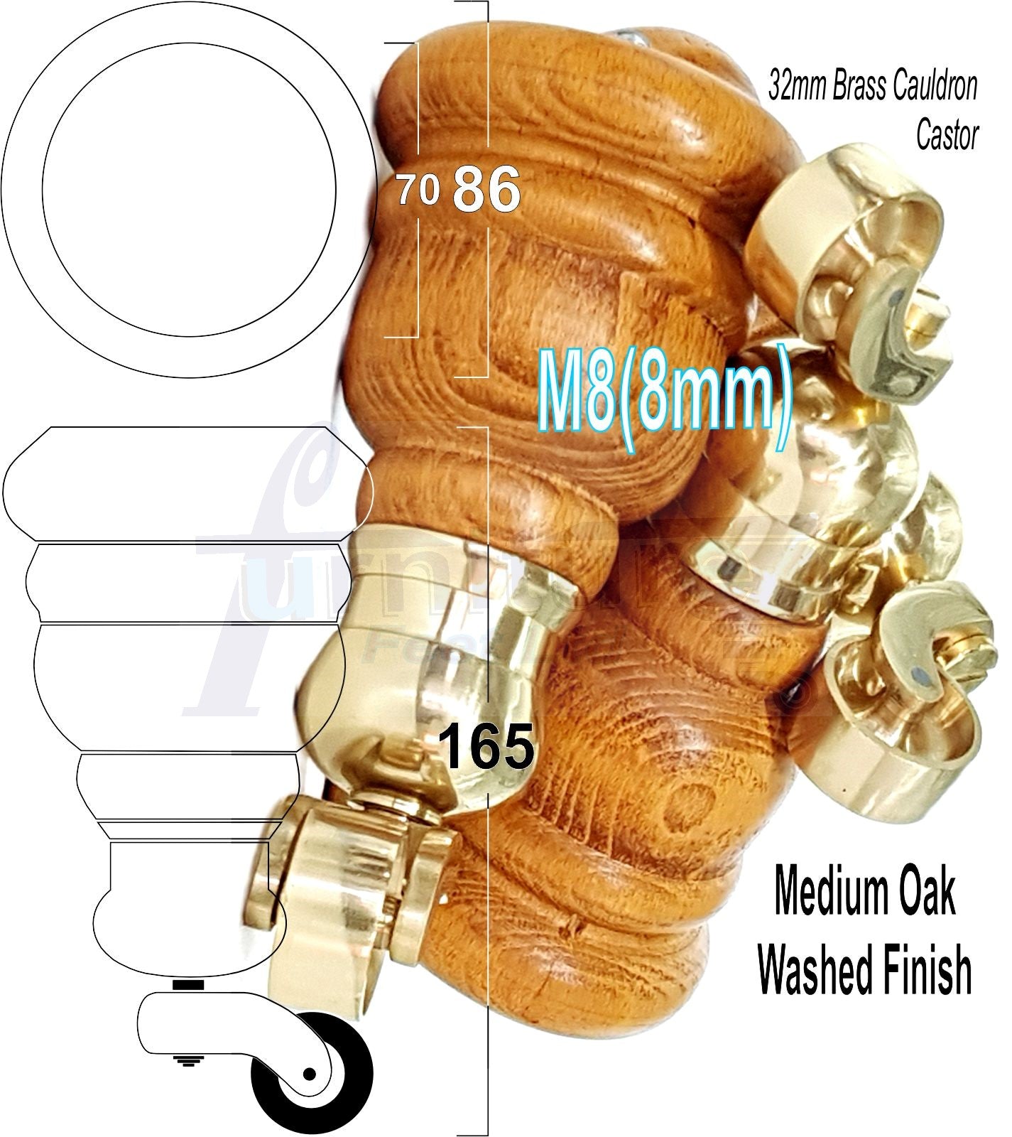 4 Turned Wood Furniture Feet With Brass Cauldron Castors 160mm Legs Sofas Chairs Stools Cabinets Beds M8 6 Inches