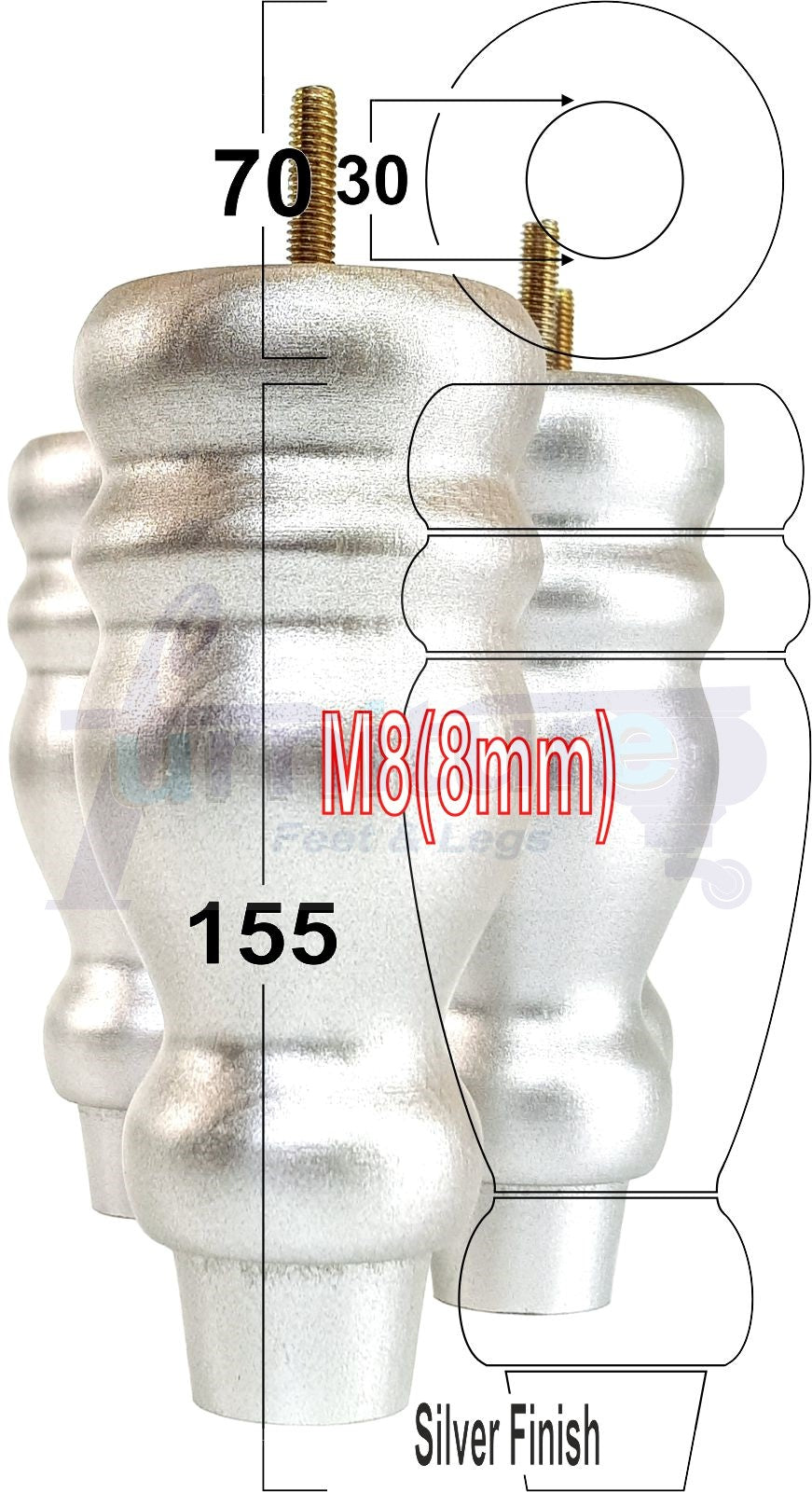 Set Of 4 Turned Wood Furniture Replacement Feet 155mm High 8mm Tread