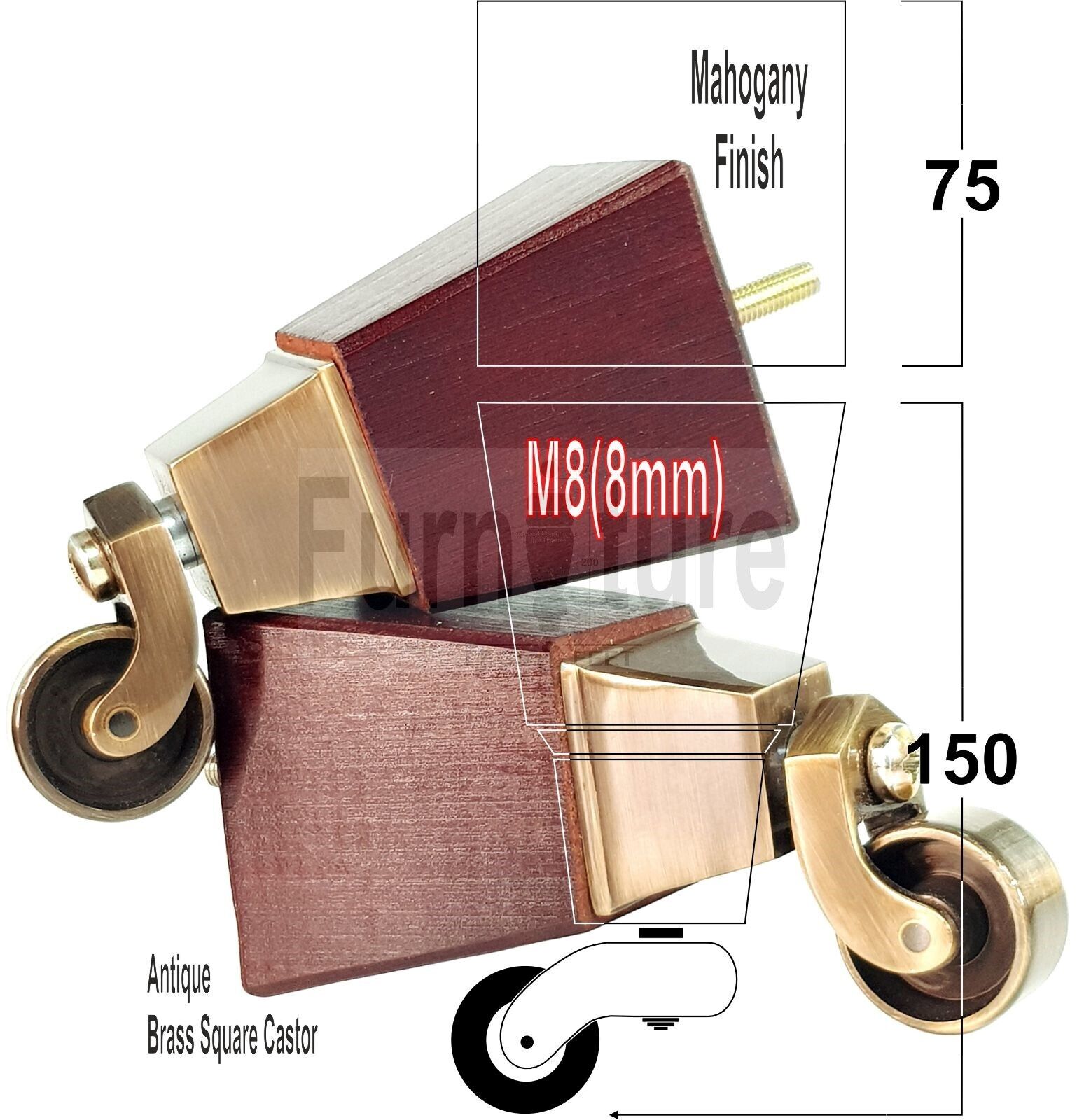 4x Block Wood With Antique Castor Furniture Legs 8mm Thread For Chairs Settees Sofa 150mm