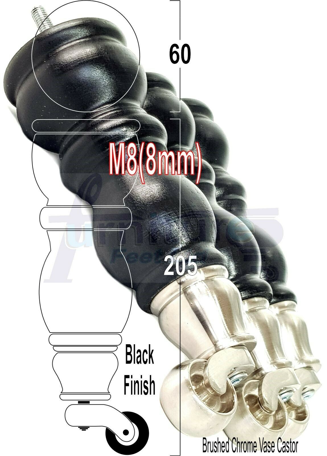 4x Furniture Feet With Castor 205mm High Legs Black Wood M8 Sofas Chairs Stools Cabinets 8 Inches Tall