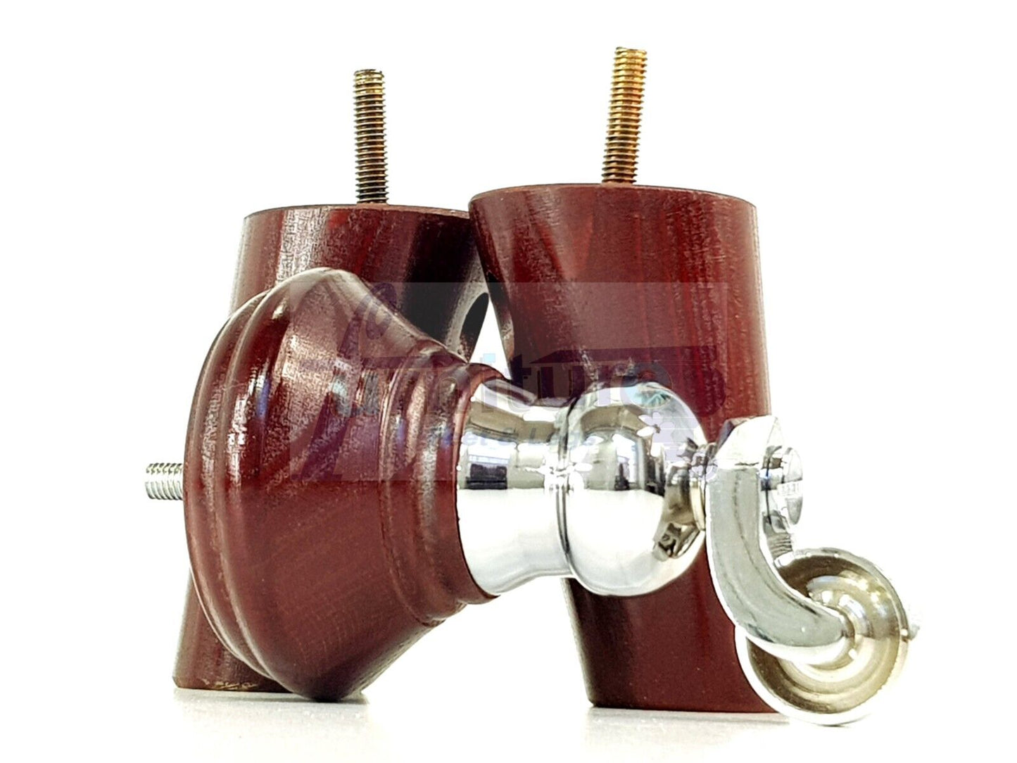 2 Mahogany Wood Furniture Sofa Legs With Castor 125mm & 2 Angled Back Feet Chair Settee 100mm High M8