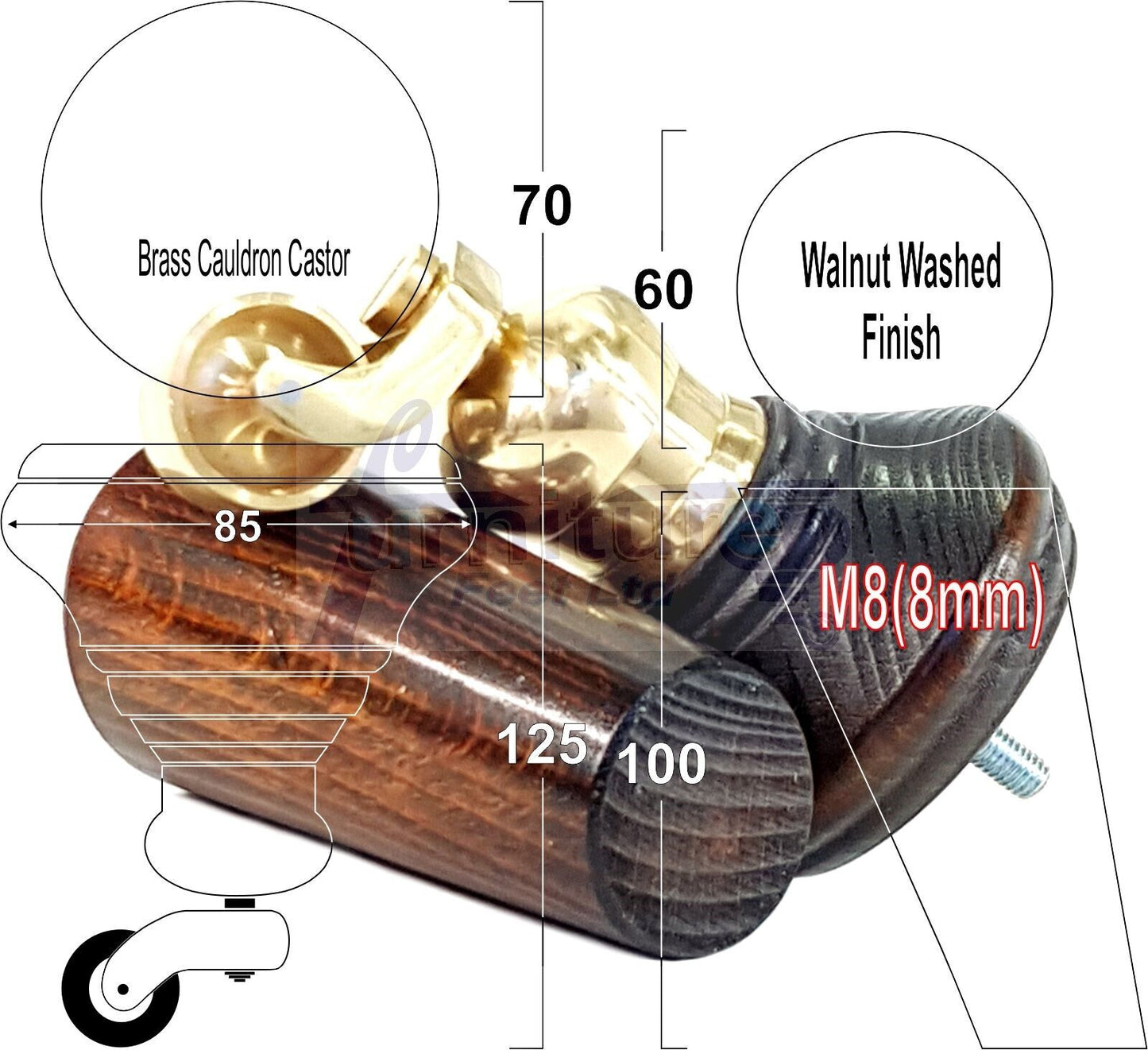 2 Dark Walnut Washed Wood Furniture Sofa Legs With Castor 125mm & 2 Angled Back Feet Chair Settee 100mm High M8