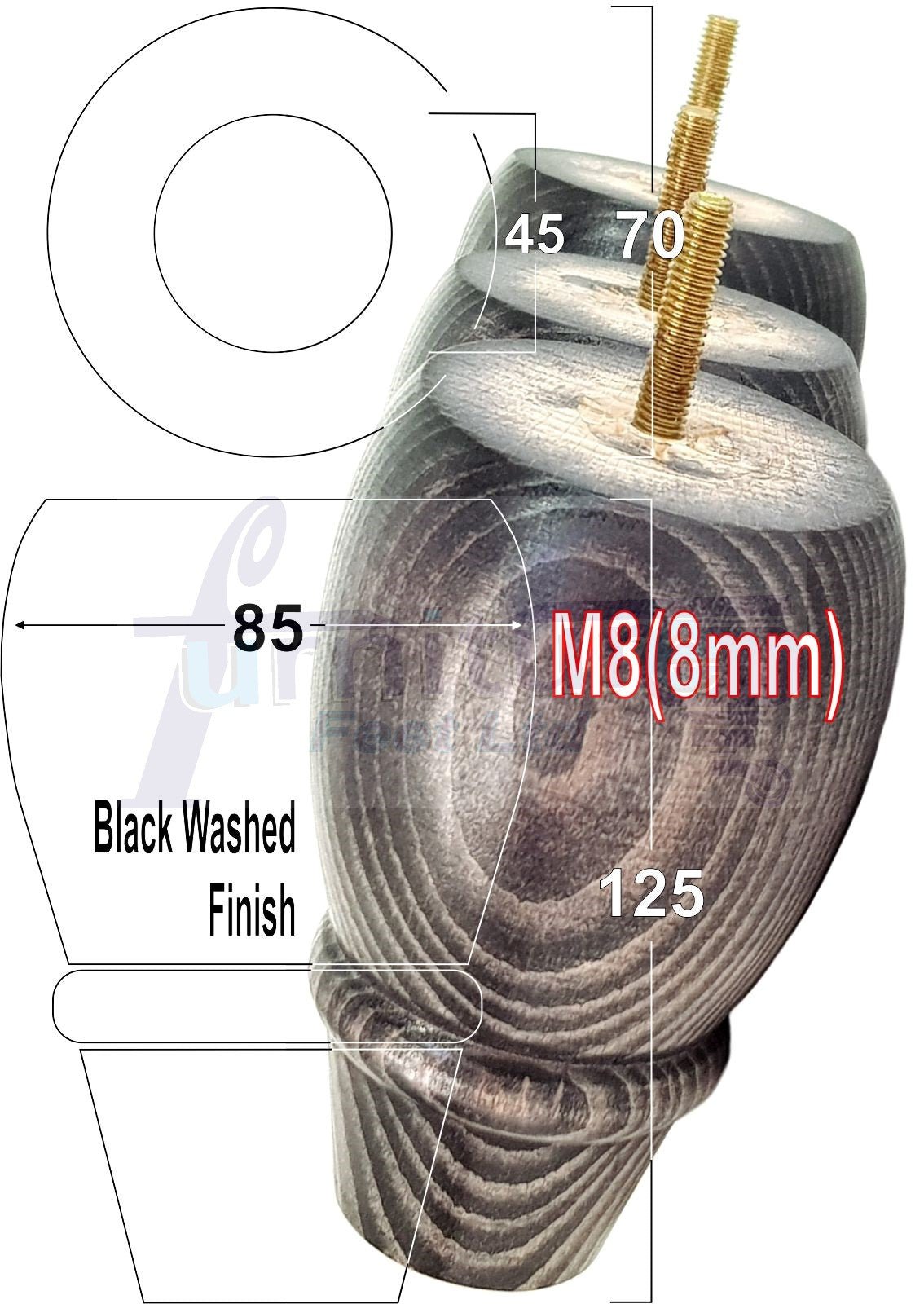 Set Of 4 Solid Wood Turned Replacement Furniture Legs 125mm High 8mm Thread