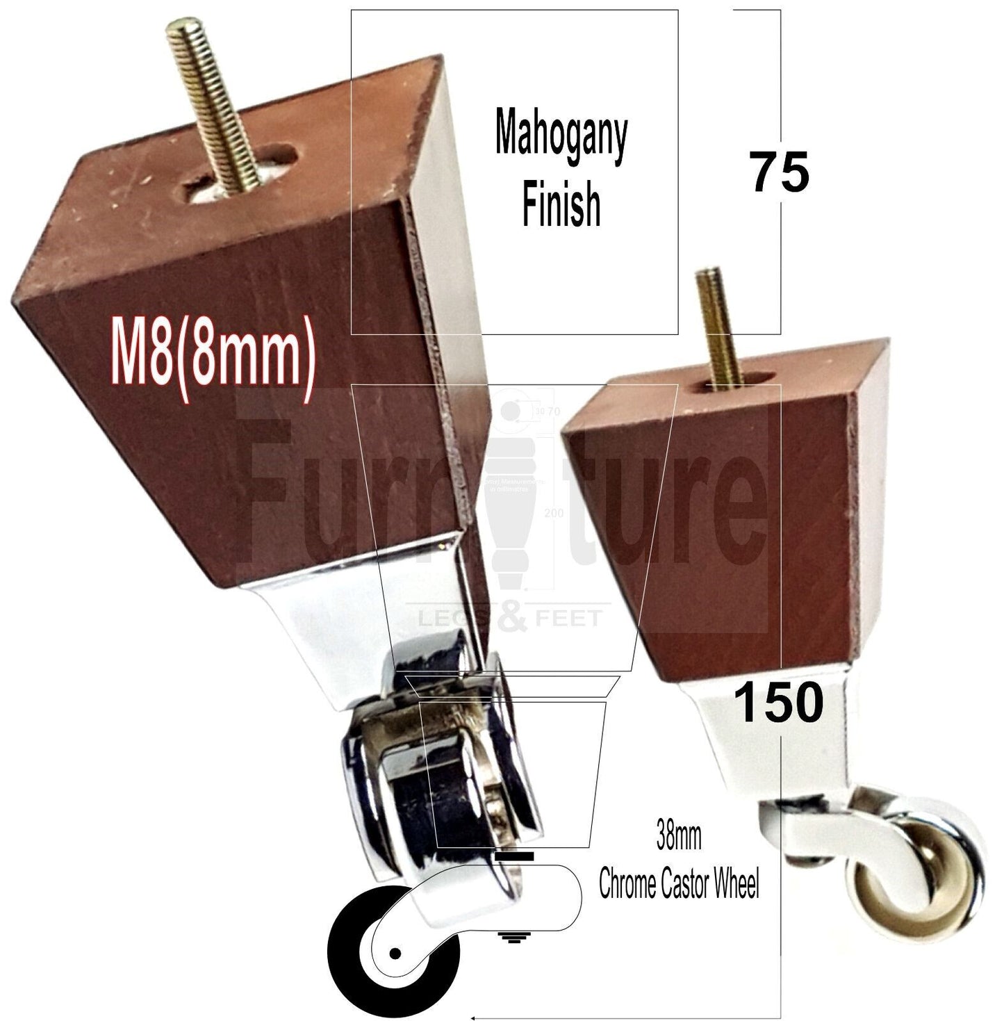 4x Block Wood Furniture Legs With Chrome Castors For Sofa Chairs Settees 8mm Thread 150mm High