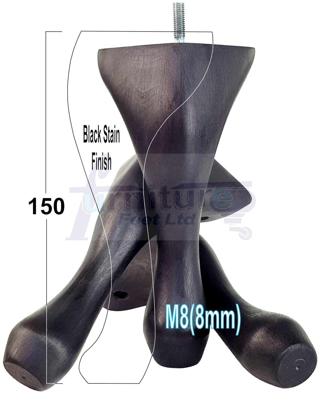 4 Solid Wood Furniture Feet 150mm High Queen Anne Replacement Legs M8 (8mm) 6 Inches Chair Stools Bed Sofa Georgian Style