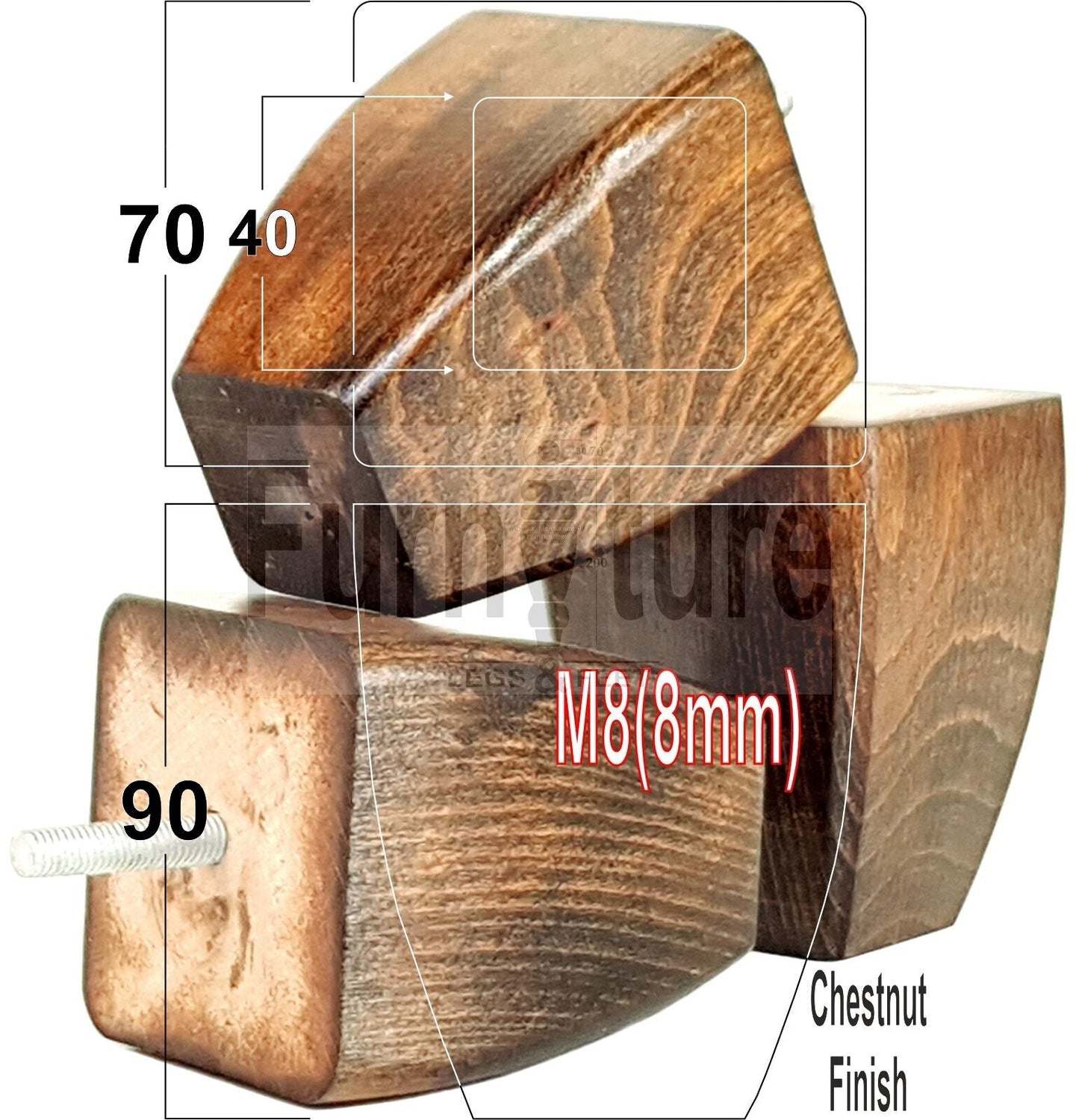 Set Of 4 Solid Wooden Block Furniture Feet Replacement Legs 90mm High M8(8mm)