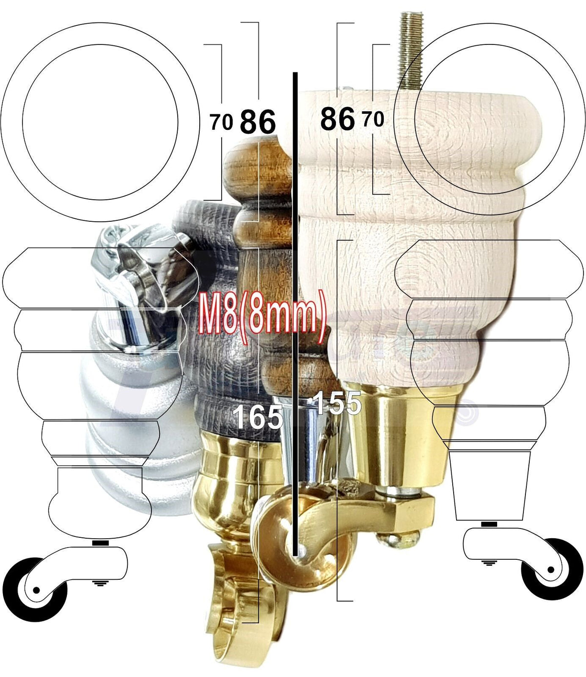 4 Turned Wood Dark Oak Stain Furniture Replacement Legs with Castors 155mm Legs M8 Fitting