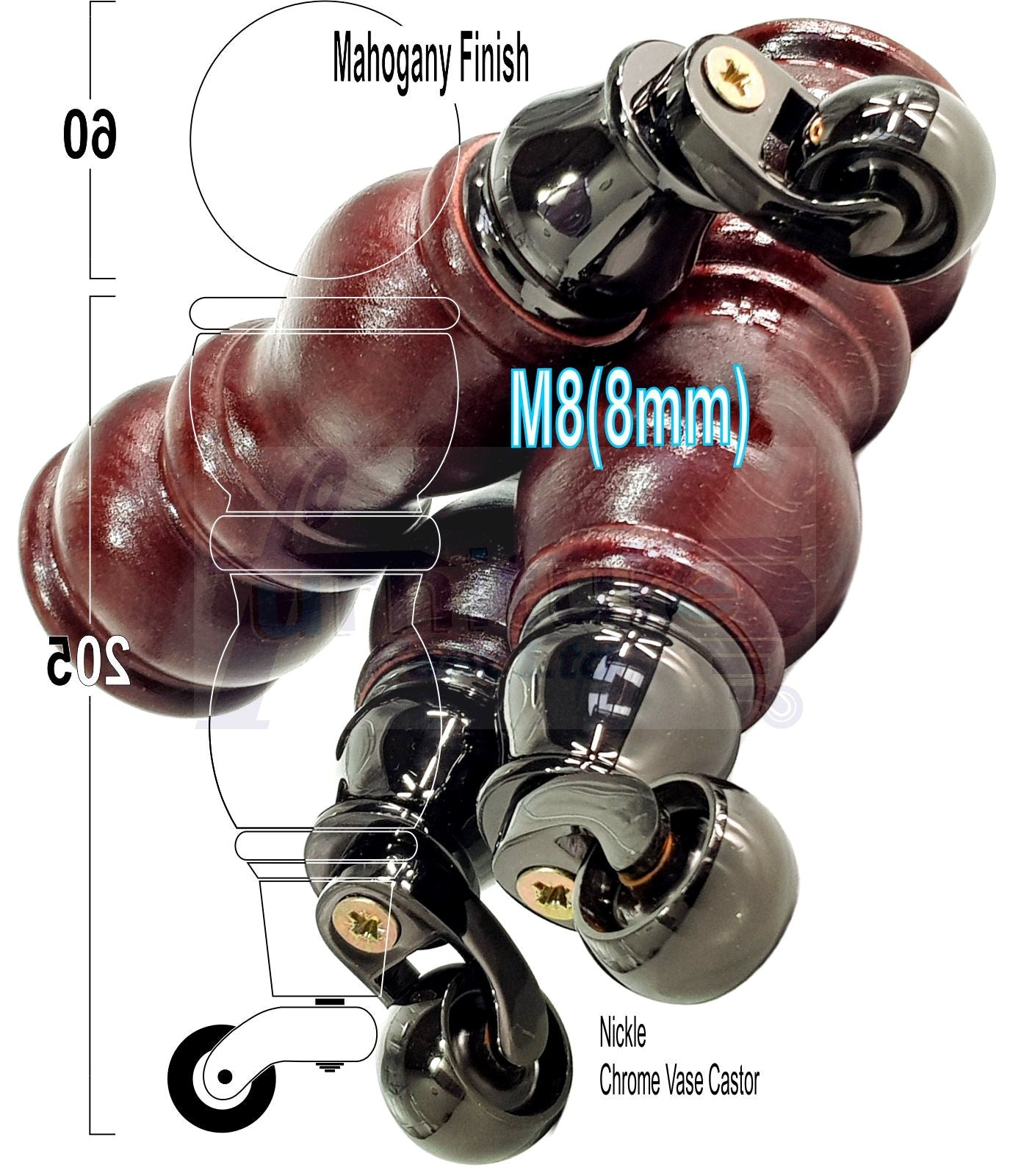 2x Solid Wood Turned Furniture Legs Replacement Castor Feet 205mm High Mahogany Chairs Stools Sofa Settee Cabinets M8