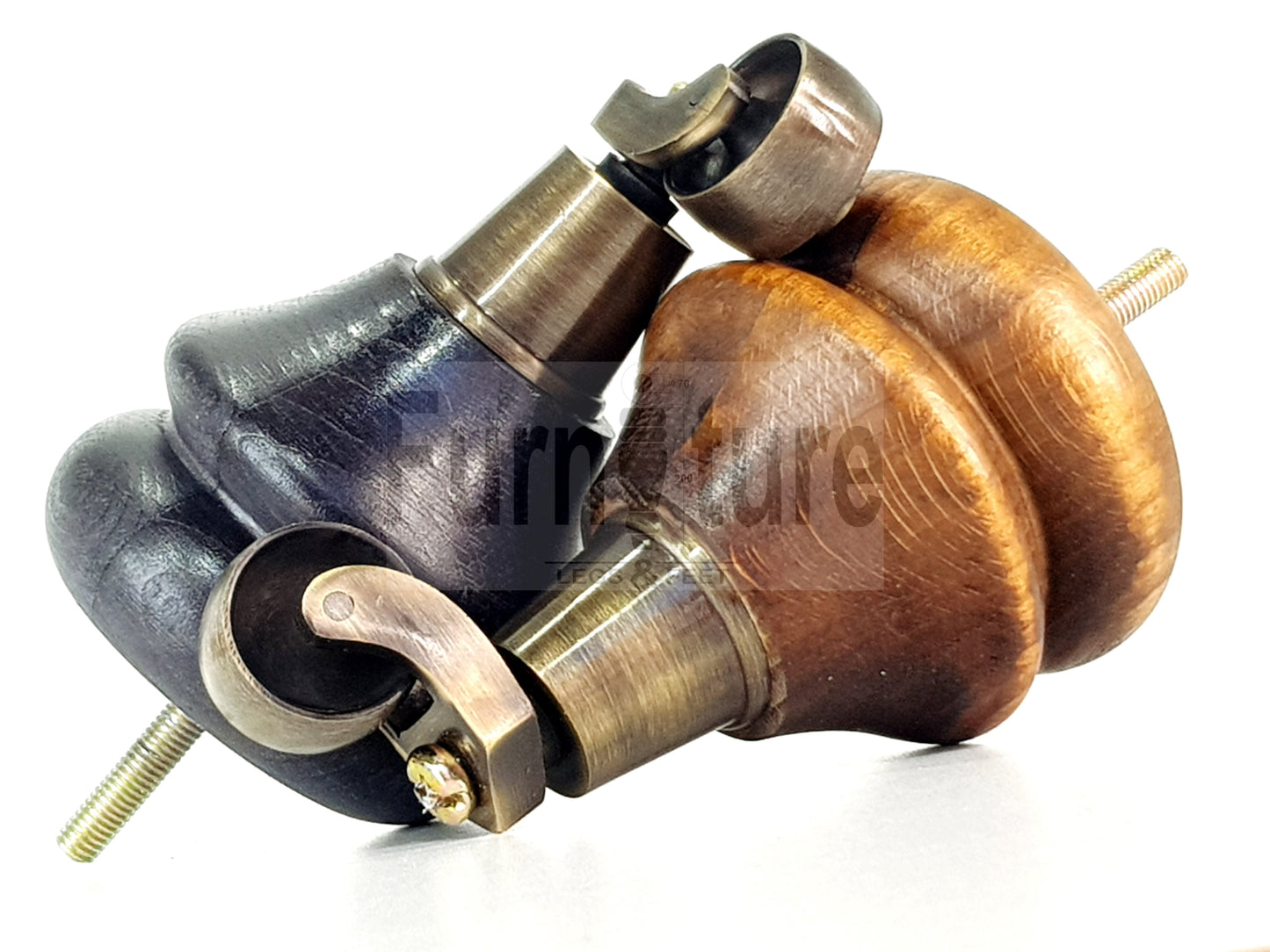 4x Turned Furniture Wood Feet With Antique Brass Castors 140mm Sofas Chairs Settee Cabinets Beds M8(8mm)