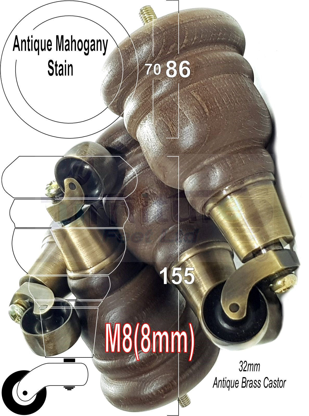 4 Turned Wood Furniture Feet With Antique Brass Castors 155mm Legs Sofas Chairs Stools Cabinets Beds M8 6 Inches