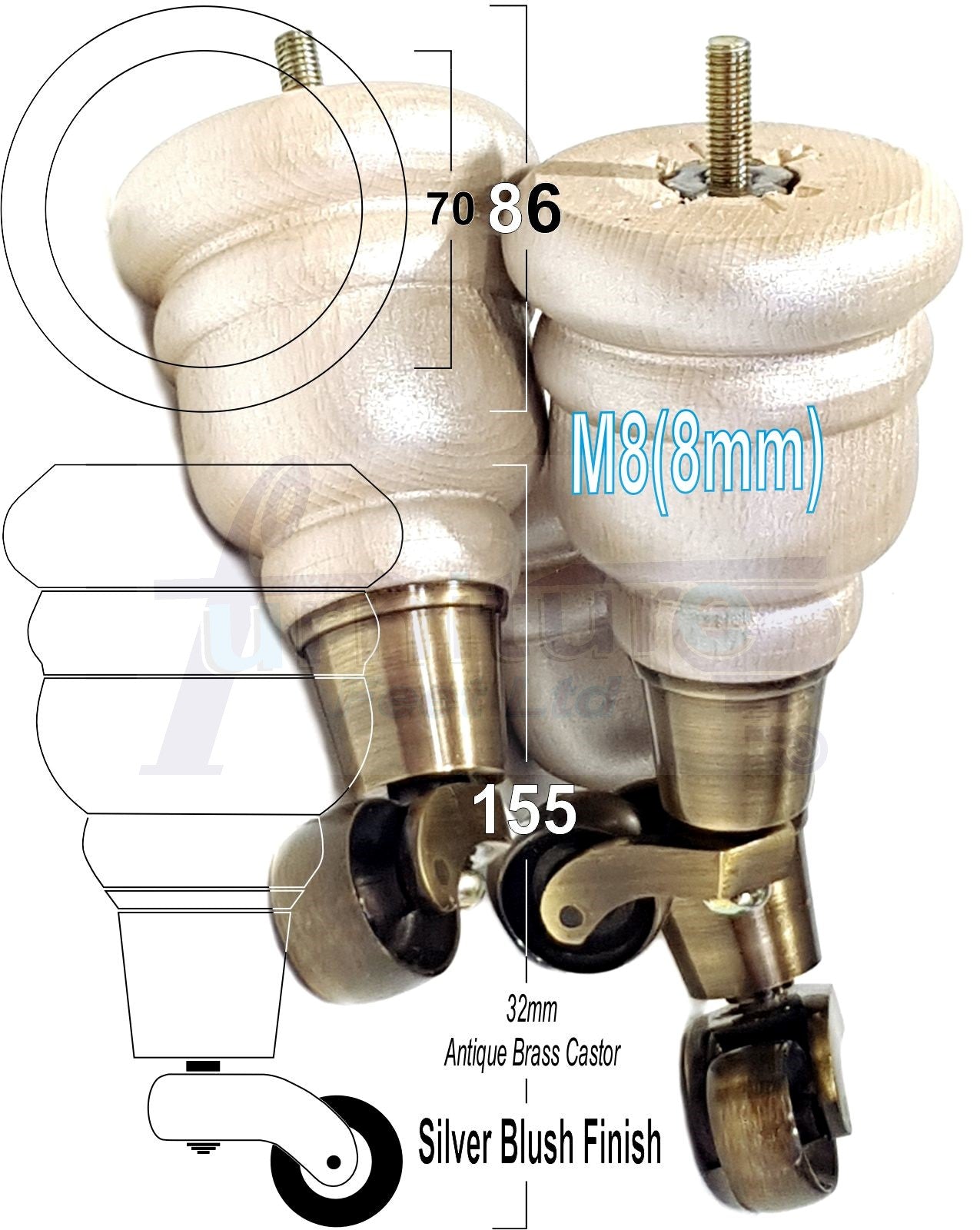 4 Turned Wood Furniture Feet With Antique Brass Castors 155mm Legs Sofas Chairs Stools Cabinets Beds M8 6 Inches
