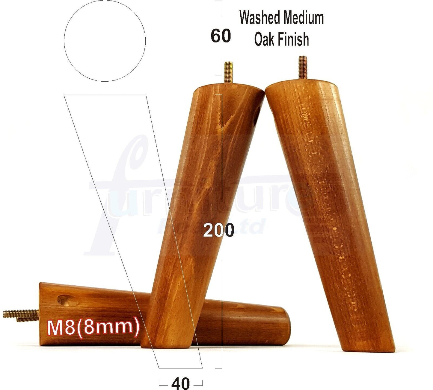 4 Solid Wood Turned Furniture Feet Replacement Mid Centry Angled Retro Legs 200mm High M8 Sofa Chairs Stools Cabinets Beds