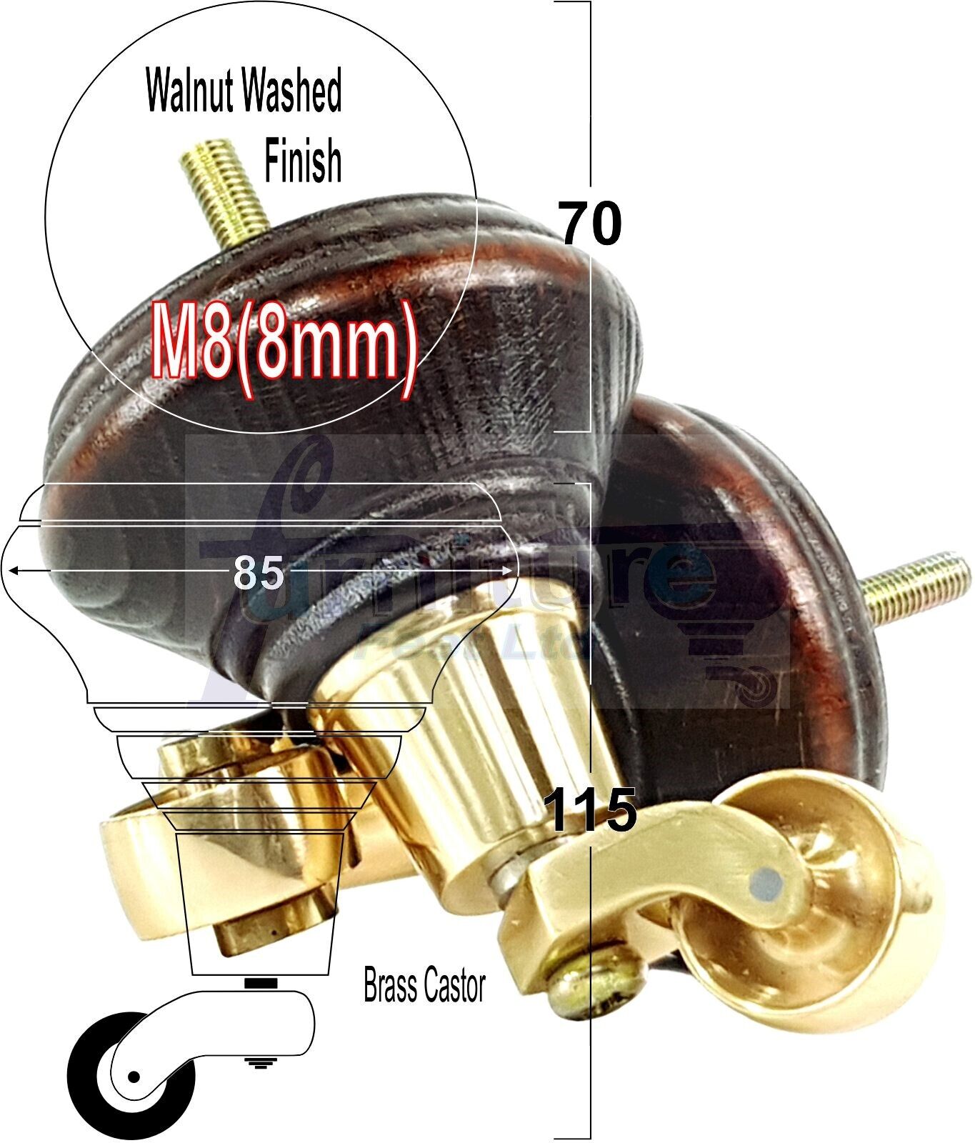4x Dark Walnut Washed Wooden Furniture Sofa Legs M8 With Castors Replacement Chair Settee Feet 115mm - 125mm High