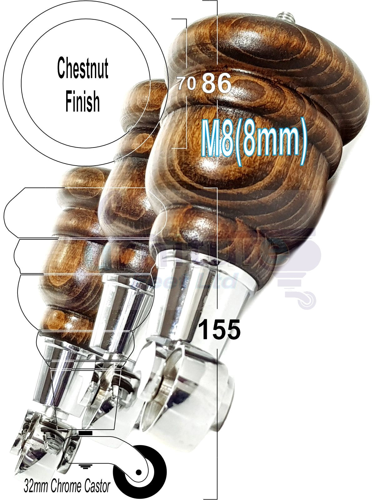 4 Turned Wood Furniture Feet With Chrome Castors 155mm Legs Sofas Chairs Stools Cabinets Beds M8 6 Inches