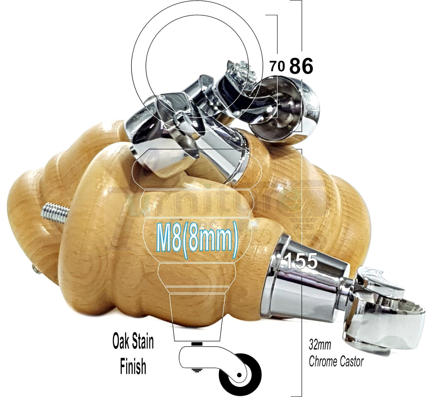 4 Turned Wood Furniture Feet With Chrome Castors 155mm Legs Sofas Chairs Stools Cabinets Beds M8 6 Inches